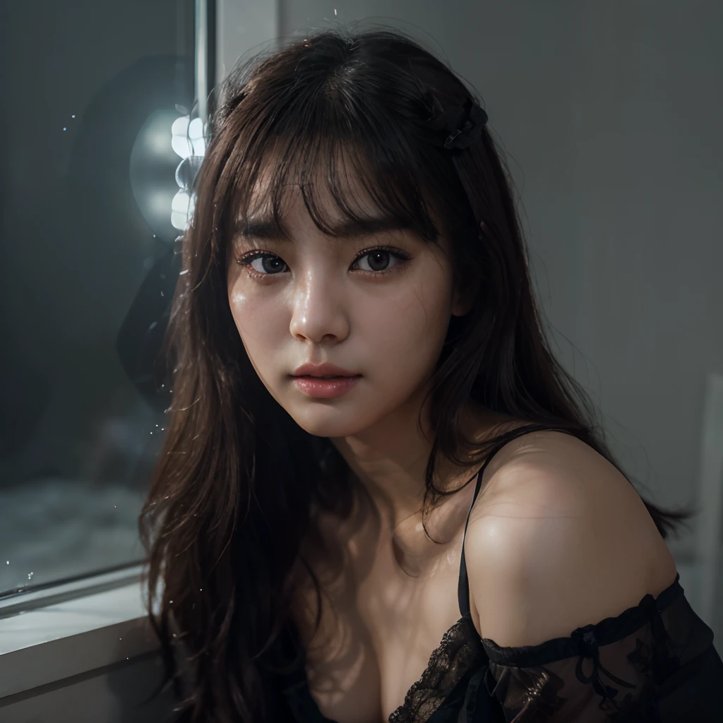 (Erotic_face), 1girl, solo picture, kim tae-ri, ((pretty korean face)), dark (lace dress), (8k HD extremely realistic detailed face:1.5 (soft scene, very low lightning), detailed beautiful reflection pupils, masterpiece:1.3, ultra highres:1.2, dynamic lighting)