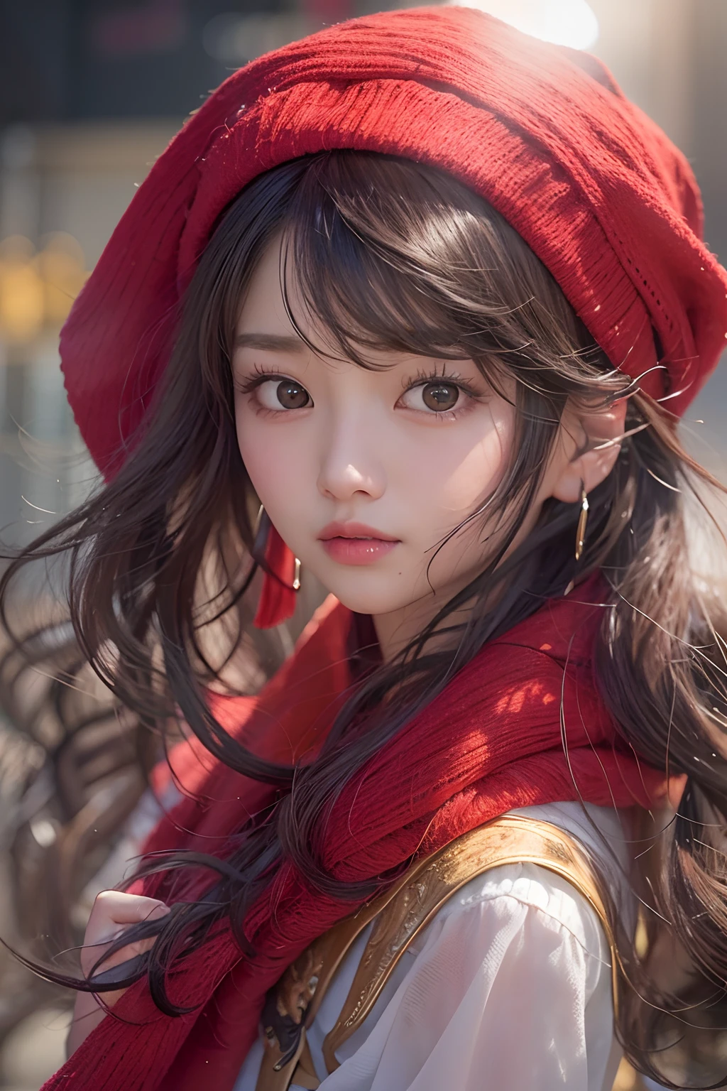 Close-up of a woman with long hair wearing a red scarf, kwak ji young, Songs inspired by Tang Sin Yun Sandara, red scarf, female actress from korea, jaeyeon nam, Lee Ji-eun, Izzy-silver(Lee Ji - Eun), Korean Woman, Normal number (Sangsoo Jeong), heonhwa choe, beautiful south korean woman, hwang se - on,Ultra8K