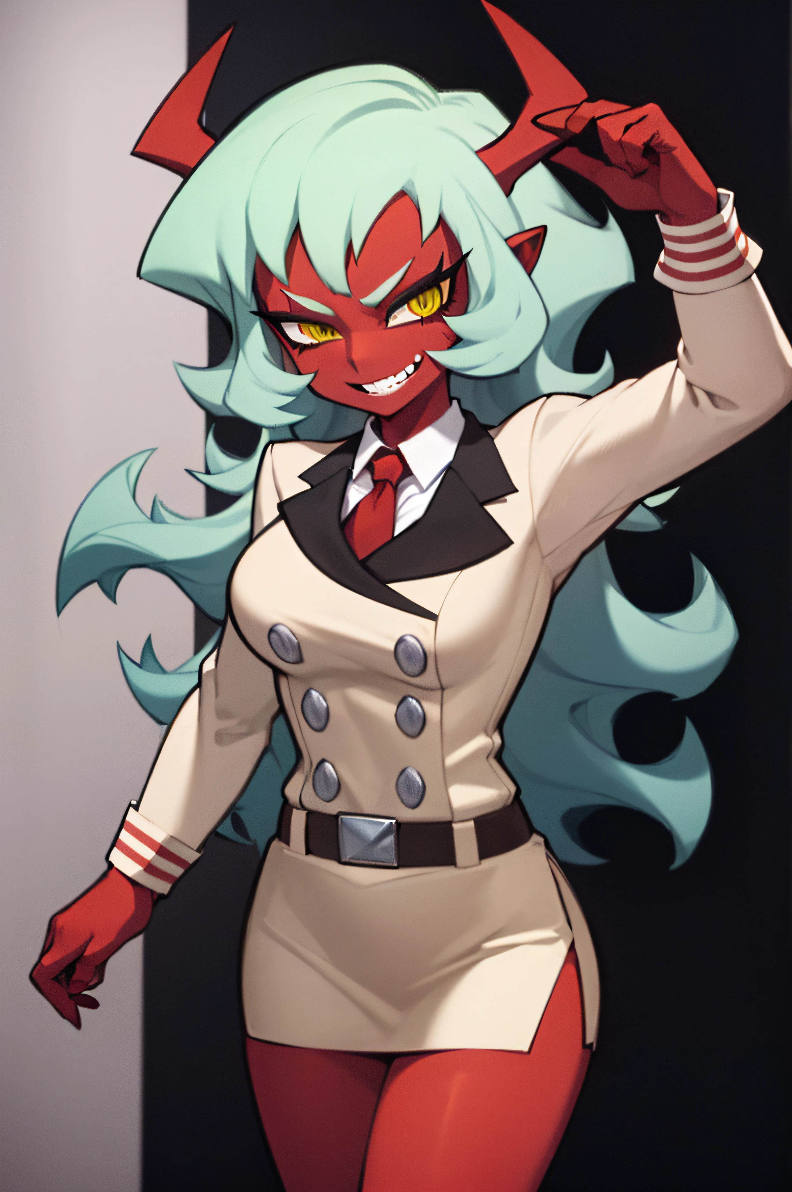 (masterpiece, best quality:1.2), solo, 1girl, psgscanty, (((red skin))), evil smile, looking at viewer, standing, confidence, arrogant, horns, v-shaped eyebrows, jacket, red necktie, skirt, skirt suit,