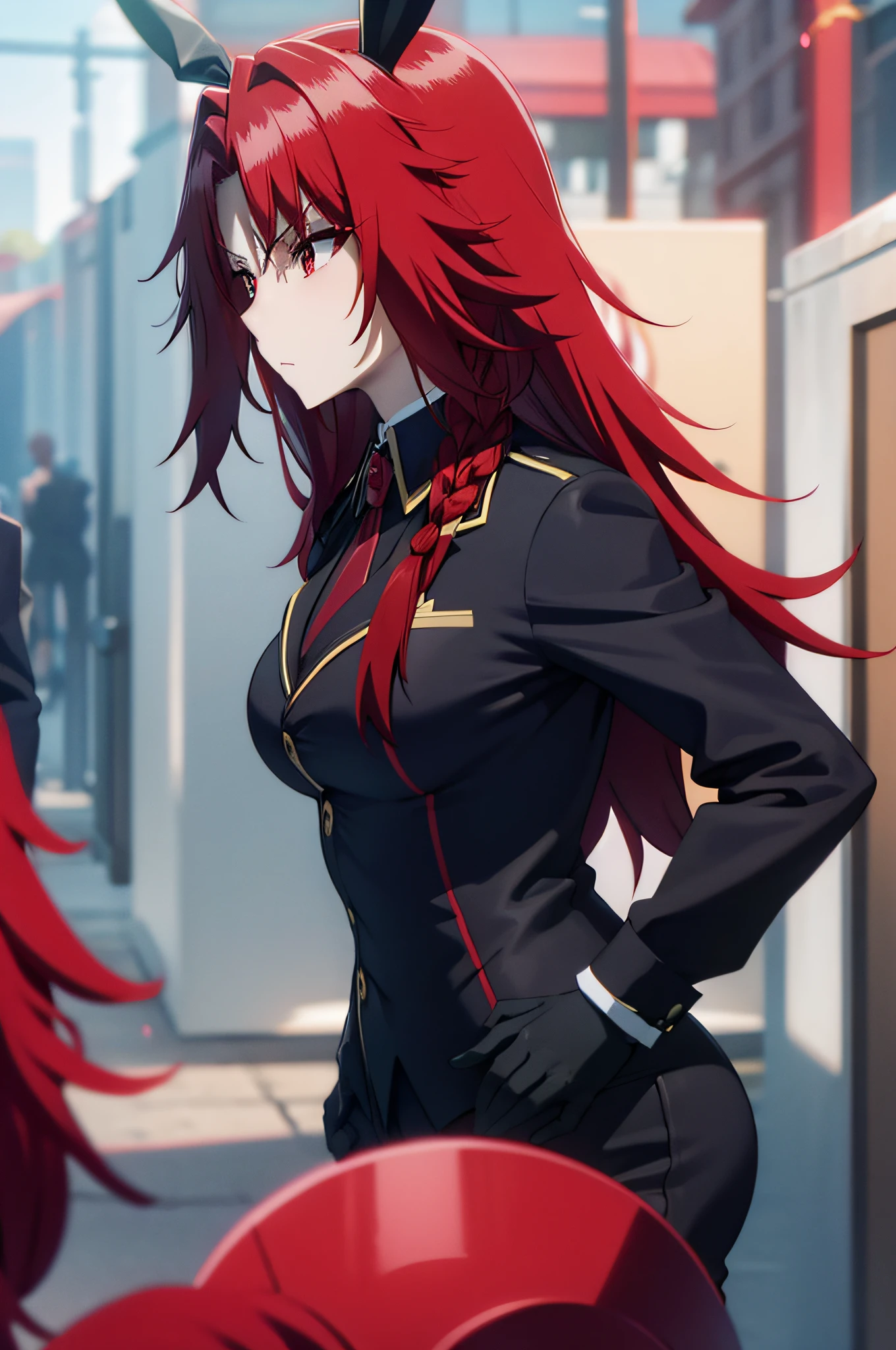 RED HAIR,RED EYES,BLACK BUNNY SUIT,black bunny ears,blujh,embarrased,tie,closeth
