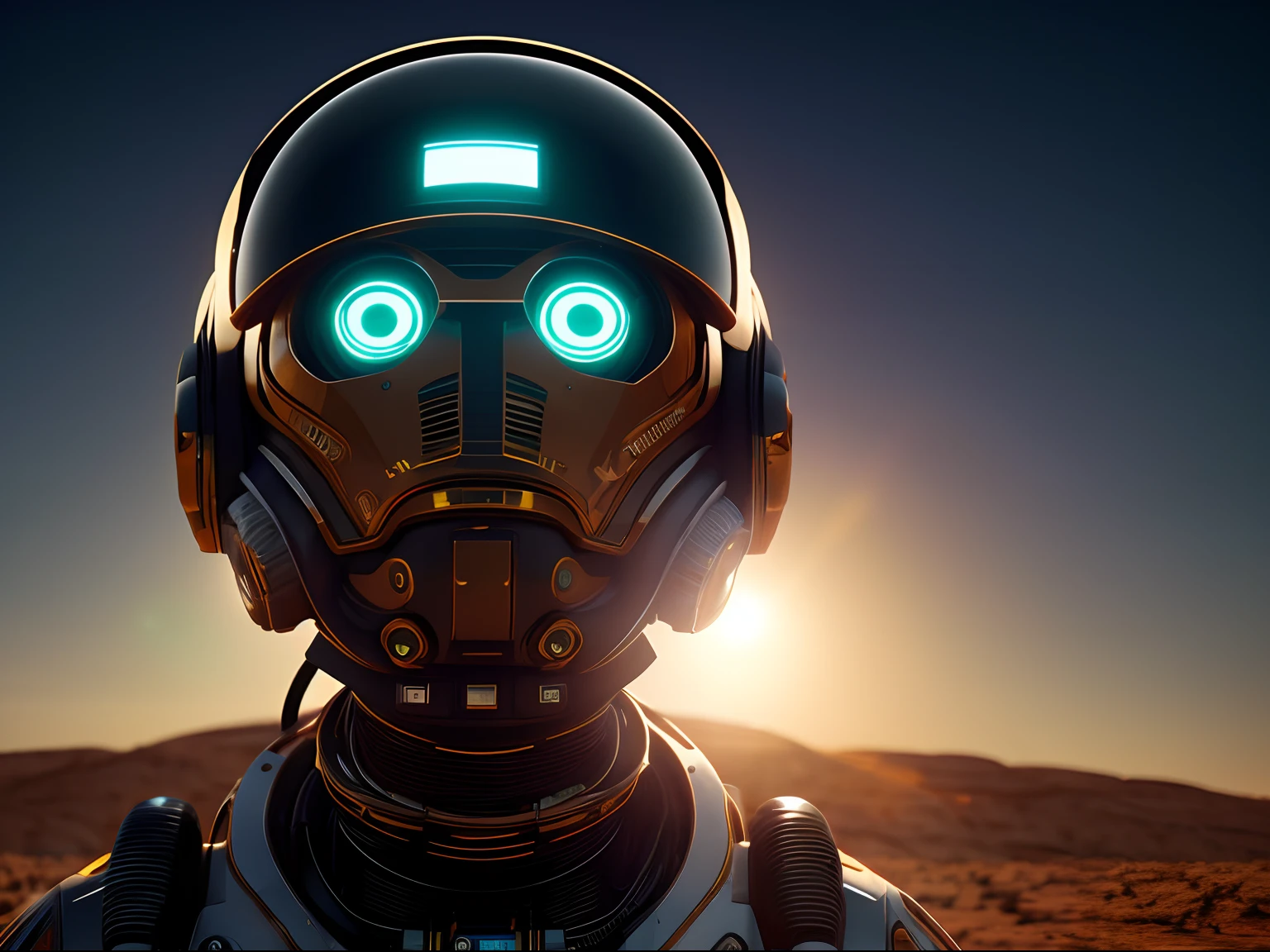 (masterpiece) A cyborg astronaut with luminous eyes stands tall in an alien desert, gazing towards the horizon as the sun sets behind. Close-up of their determined expression, octane render, unreal engine 5, cinematic