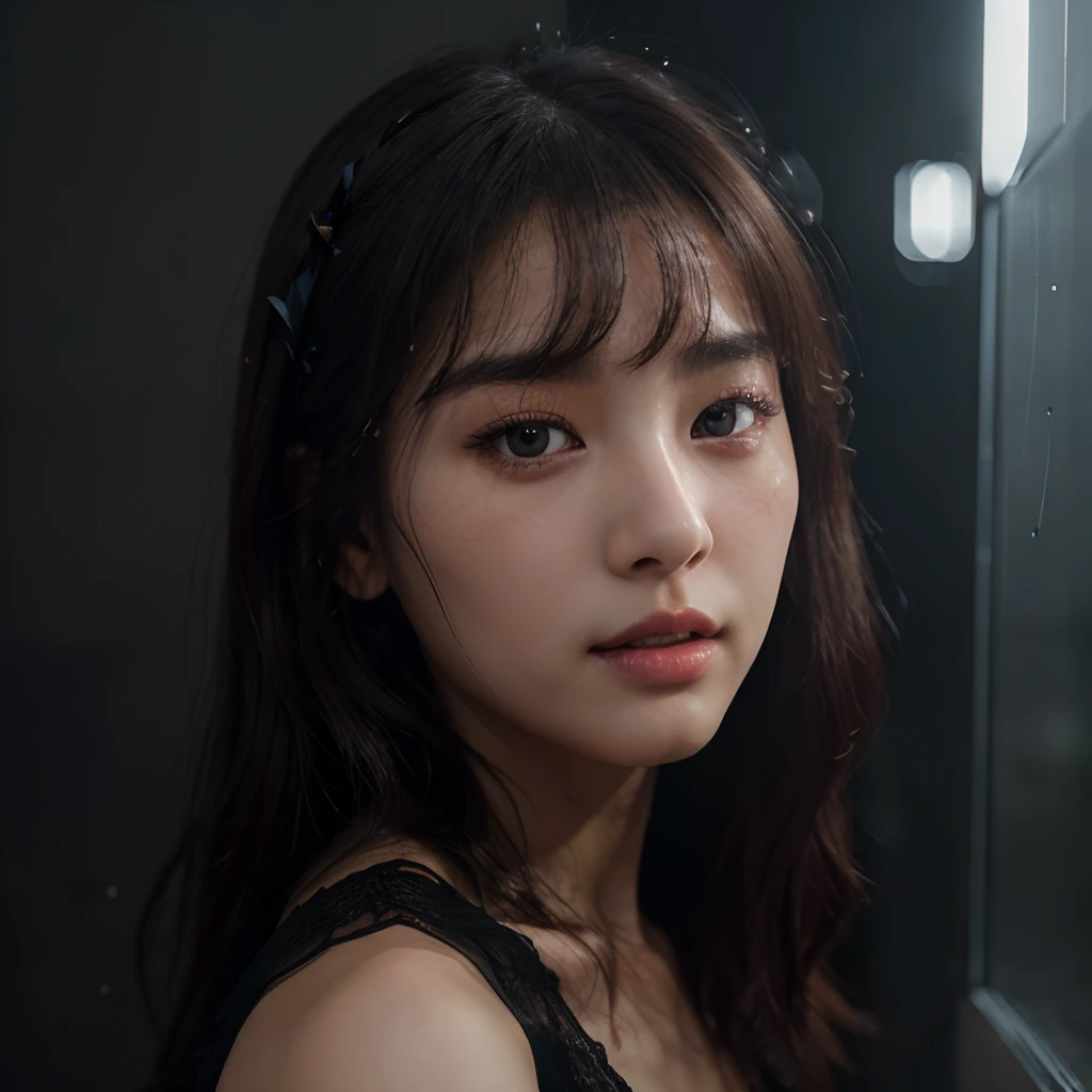 (Erotic_face), 1girl, solo picture, kim tae-ri, ((pretty korean face)), dark (lace dress), (8k HD extremely realistic detailed face:1.5 (soft scene, very low lightning), detailed beautiful reflection pupils, masterpiece:1.3, ultra highres:1.2, dynamic lighting)