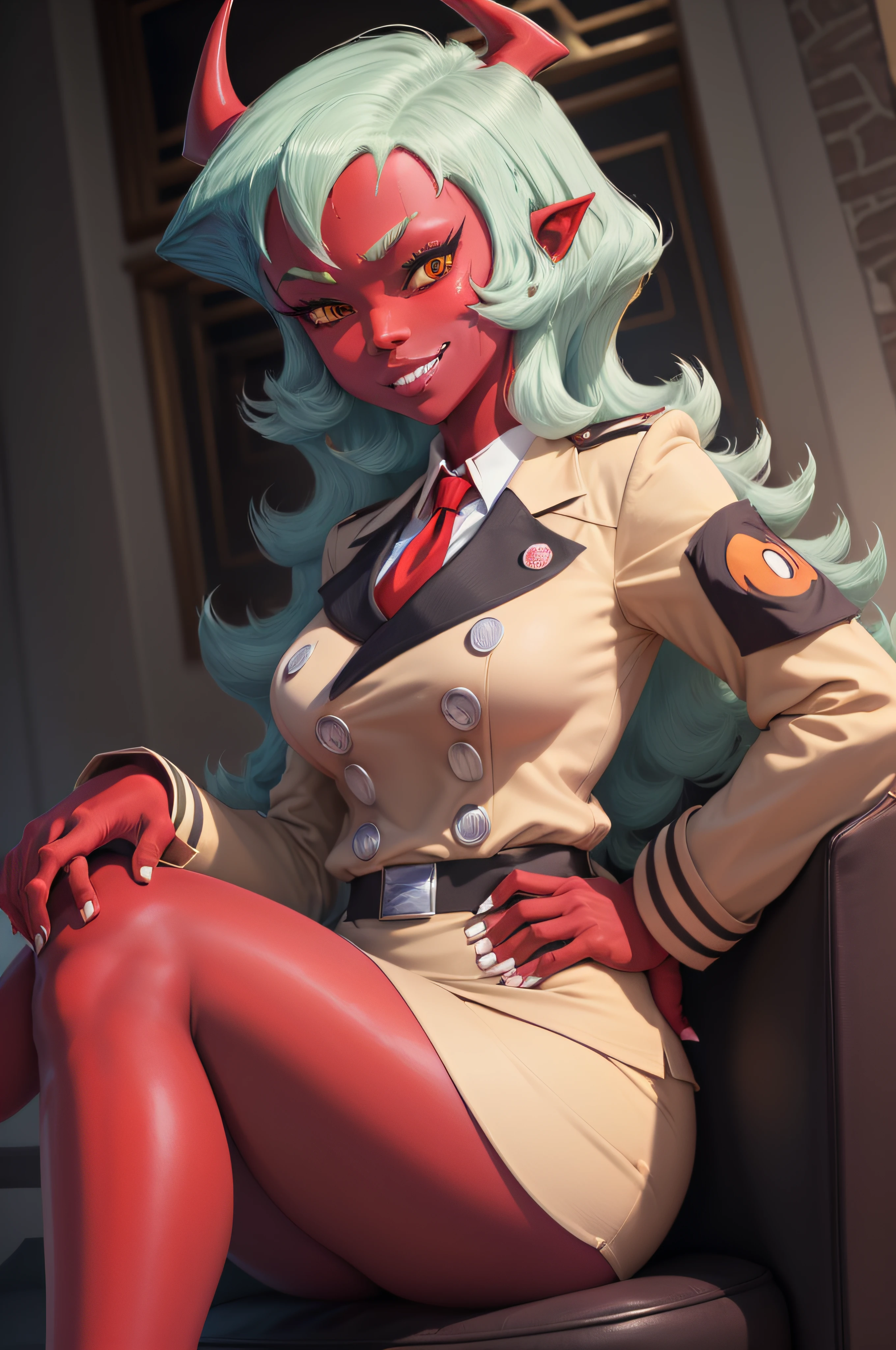 (masterpiece, best quality:1.2), solo, 1girl, psgscanty, (((red skin))), evil smile, looking at viewer, sitting, crossed legs, horns, v-shaped eyebrows, jacket, red necktie, skirt, skirt suit,