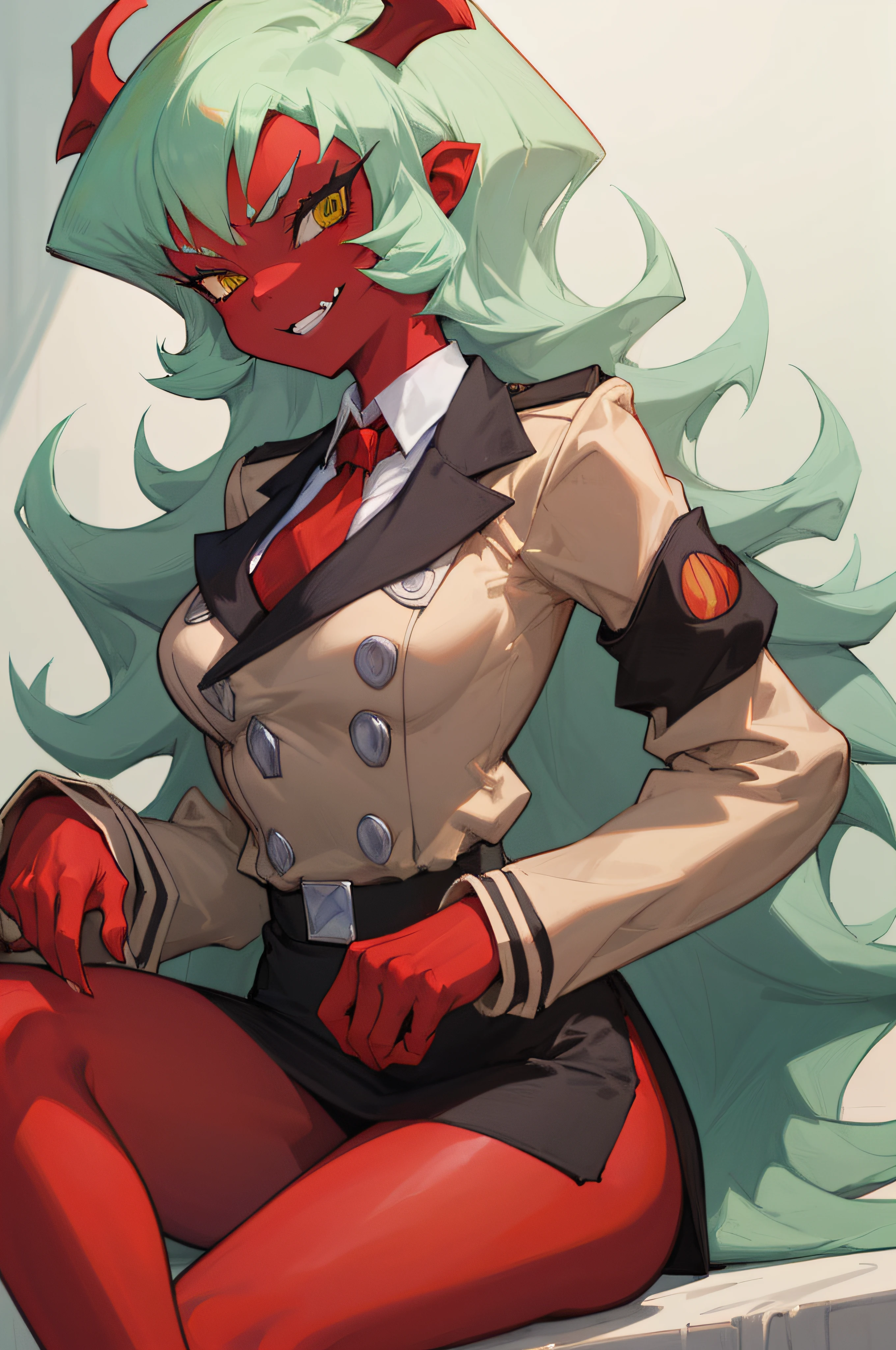 (masterpiece, best quality:1.2), solo, 1girl, psgscanty, (((red skin))), evil smile, looking at viewer, sitting, crossed legs, horns, v-shaped eyebrows, jacket, red necktie, skirt, skirt suit,
