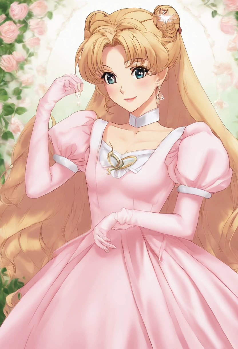 Crie uma foto de Serena Tsukino, de Sailor Moon, com um vestido rosa claro e um decote profundo. Serena deve estar sentada em uma cadeira, com as pernas cruzadas. She must be smiling and looking at the camera. Keep the characteristics of the anime, como os olhos grandes e o cabelo comprido e rosa