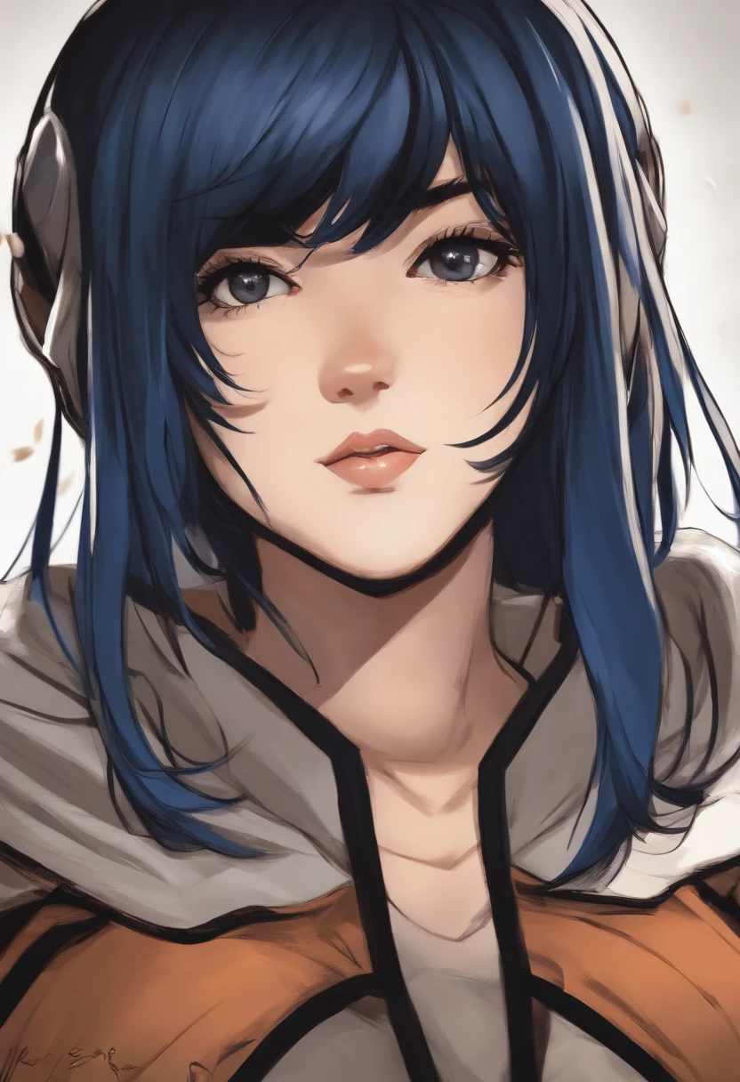 um close up de uma pessoa com cabelo azul e uma jaqueta preta, hinata hyuga, portrait knights of zodiac girl, high quality colored sketch, portrait of a female anime hero, fanart requintada altamente detalhada, portrait anime space cadet girl, Ela tem cabelo preto com franja, inspirado em Yukihiko Yasuda, Estilo de arte Berserk, Marin Kitagawa Fanart, Colorido digitalmente