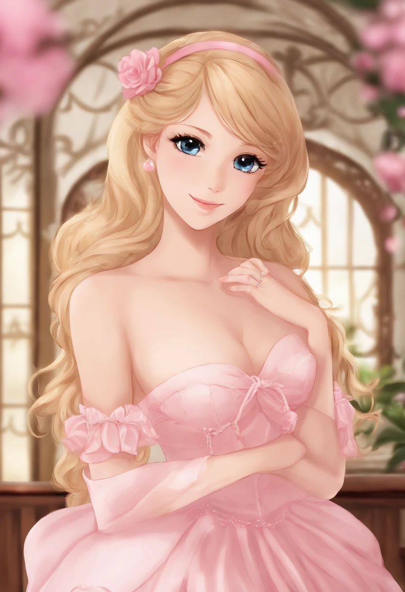 Crie uma foto de Serena Tsukino, de marinheiro lua, com um vestido rosa claro e um decote profundo. Serena deve estar sentada em uma cadeira, com as pernas cruzadas. She must be smiling and looking at the camera. Keep the characteristics of the anime, como os olhos grandes e o cabelo comprido e rosa