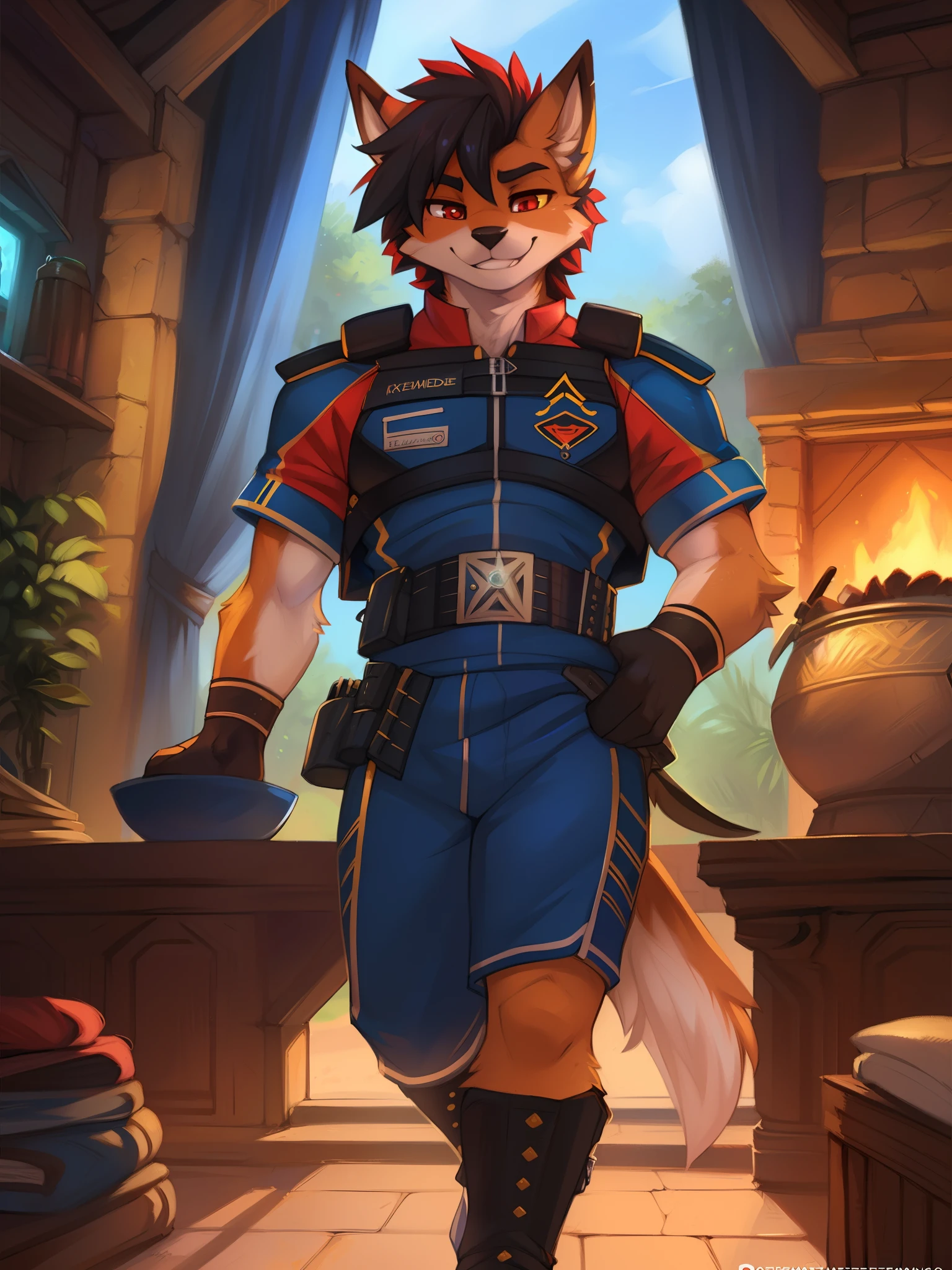 por fluff-kevlar, por Zackary911, por Kenket, por Kilinah, por fluff-kevlar, (Obra maestra), (La mejor calidad), (Antro peludo:1.3, hocico:1.2, Anthro:1.3, peludo:1.2, Solista masculino :1.2), (extremadamente detallado:1.3), (Ojos extremadamente detallados), (Manos extremadamente detallados), (boca extremadamente detallada), (figura atletica, Figura agil), (cuerpo delgado), (pecho plano), (muslos grandes),(((Traje espacial azul, uniforme militar azul))), nave espacial, ventana, Asteroid belt, Sol azul , (footing, Postura perfecta, happyexpresion), pelo corto, cabello negro, zorro rojo, color de ojos azules,