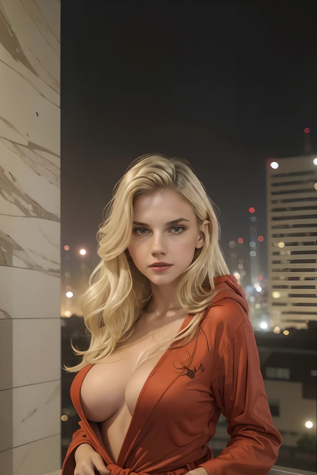 qualidade absurda. natural  lightting. hiper-realismo. Fantastic illustration. Girl in red bathrobe, cabelo loiro, saindo do banho, fazendo sexo oral,  on top of a building with the city of São Paulo, in the nighttime, com a lua cheia ao fundo.