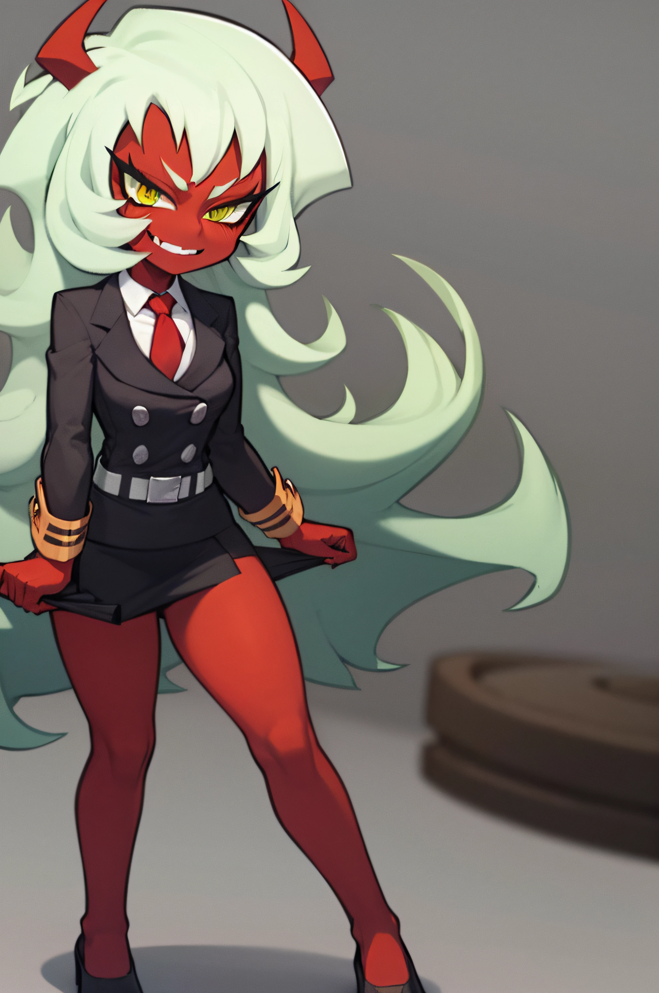 (masterpiece, best quality:1.2), solo, 1girl, psgscanty, (((red skin))), evil smile, looking at viewer, standing, confidence, arrogant, horns, v-shaped eyebrows, jacket, red necktie, skirt, skirt suit,
