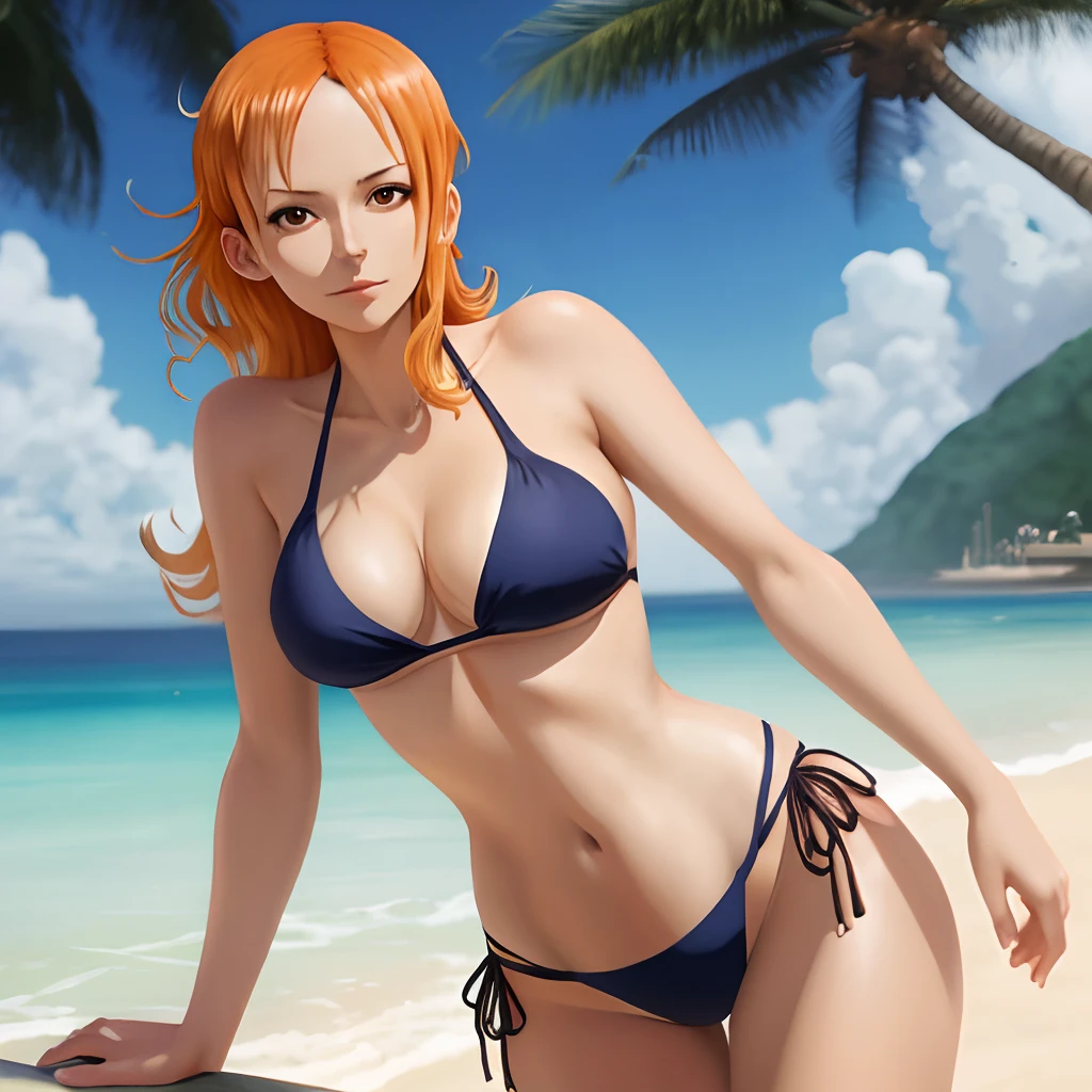 Nami from one piece in sheer bikini posing from bckside