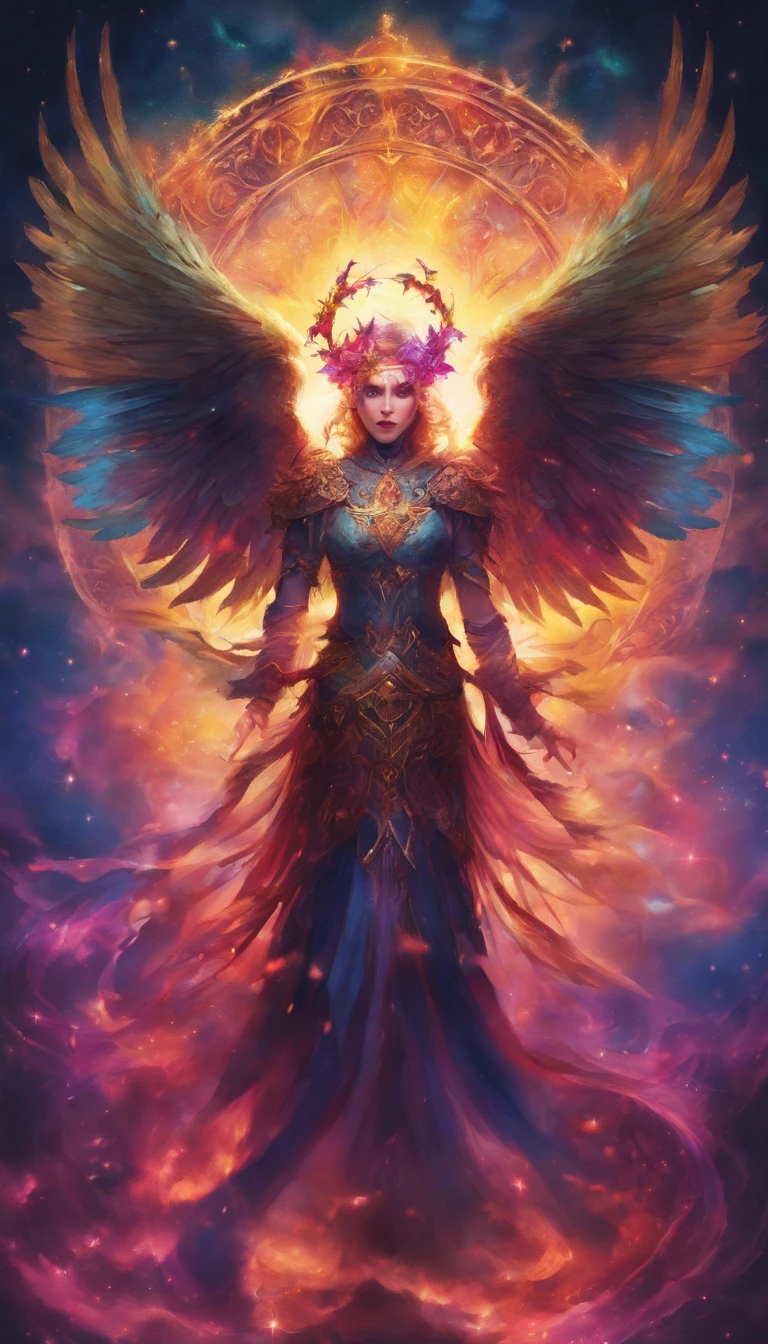 Cosmic Fallen Angel, Glowing light eyes, biomechanical, eldritch, Creepy, nightmarish, Very bright colors, light particles, with luminous light, Wallpaper Art, UHD wallpaper,medieval garb