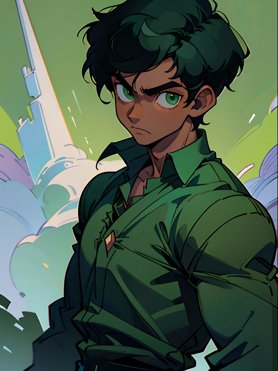 1 boy, solo, (dark skin), black hair, green eyes, shirt, Lightweight clothing, looking at viewer, man, rich color, detail, stunning characters, strong man