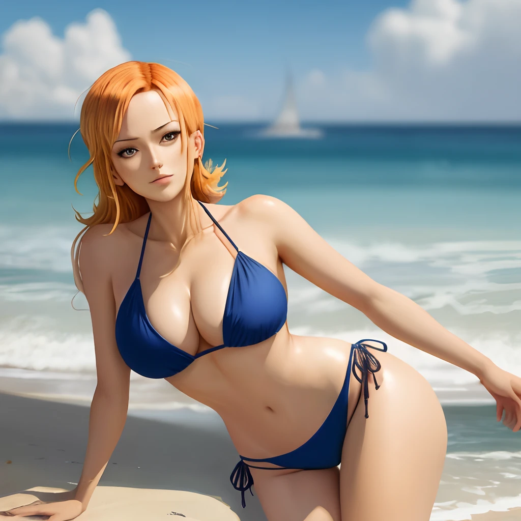 Nami from one piece in sheer bikini posing from bckside