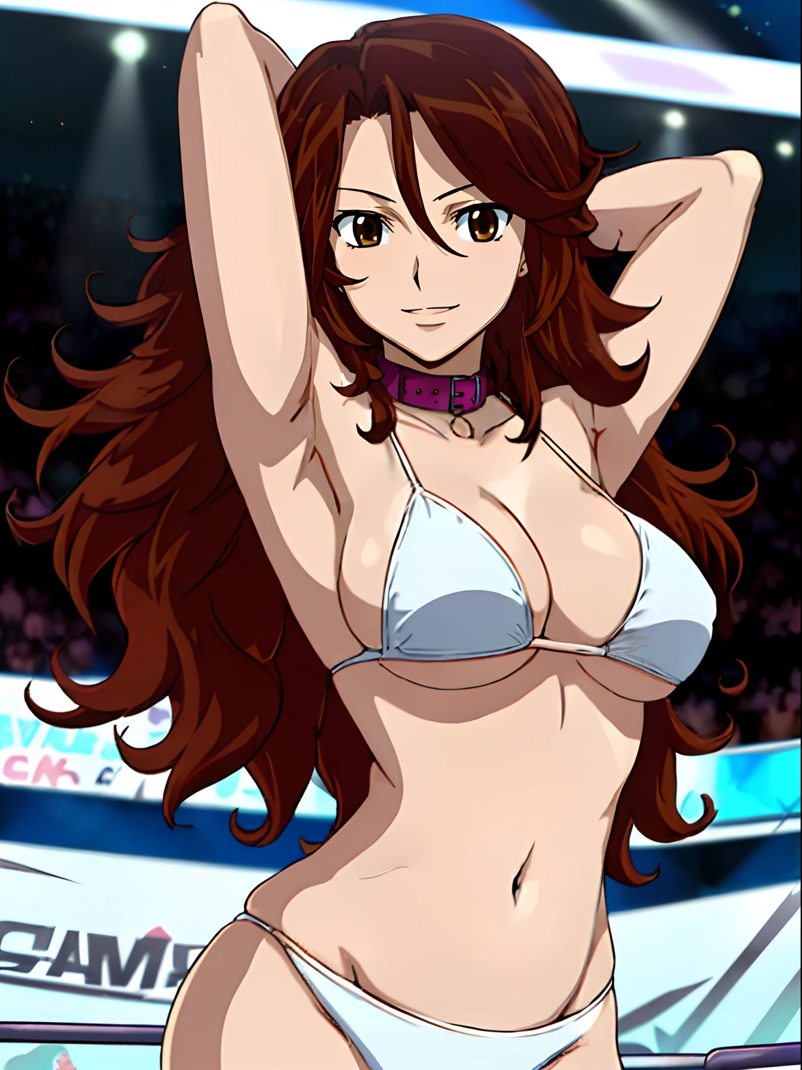 hug, Elegant lady, (upper body only), anime style: 1.8, anime drawing, ultra detailed face, ultra detailed body, 4k, Sumergai Lee Noriega, (standing), best quality, anime style, hires, highest definition, digital blending, bold drawing lines, ((wwe diva), (location: wrestling arena, crowds watching), ( slim body, (little biceps), , off-shoulders, closed fists, (curvy: 2.8)), ((white bikini, only, white gloves, collar, armpit protector)), victorious, winner, gentle, (pale skin, shiny skin, very big breasts, smile), (big eyes, brown eyes), (clapping), (brown hair, loose hair, curly hair, wavy hair, long hair, missy hair), 27 years old,