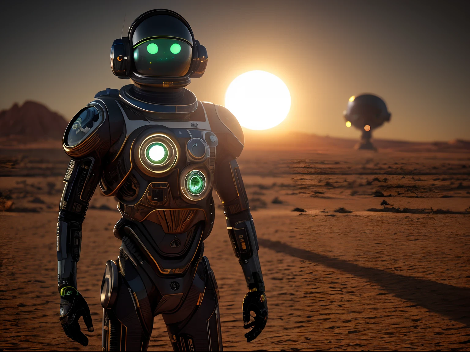 (masterpiece) A cyborg astronaut with luminous eyes stands tall in an alien desert, gazing towards the horizon as the sun sets behind. Close-up of their determined expression, octane render, unreal engine 5, cinematic