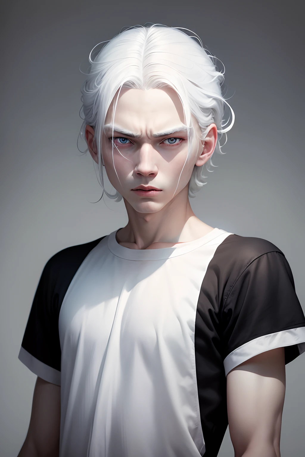 masterpiece, best quality, ((pure white background)), standing, slim albino guy, white hair, white eyelashes, white eyebrows, cold face, fair skin, black t-shirt, sad facial expression, light effect, soft, super clear, high-definition image, (front)