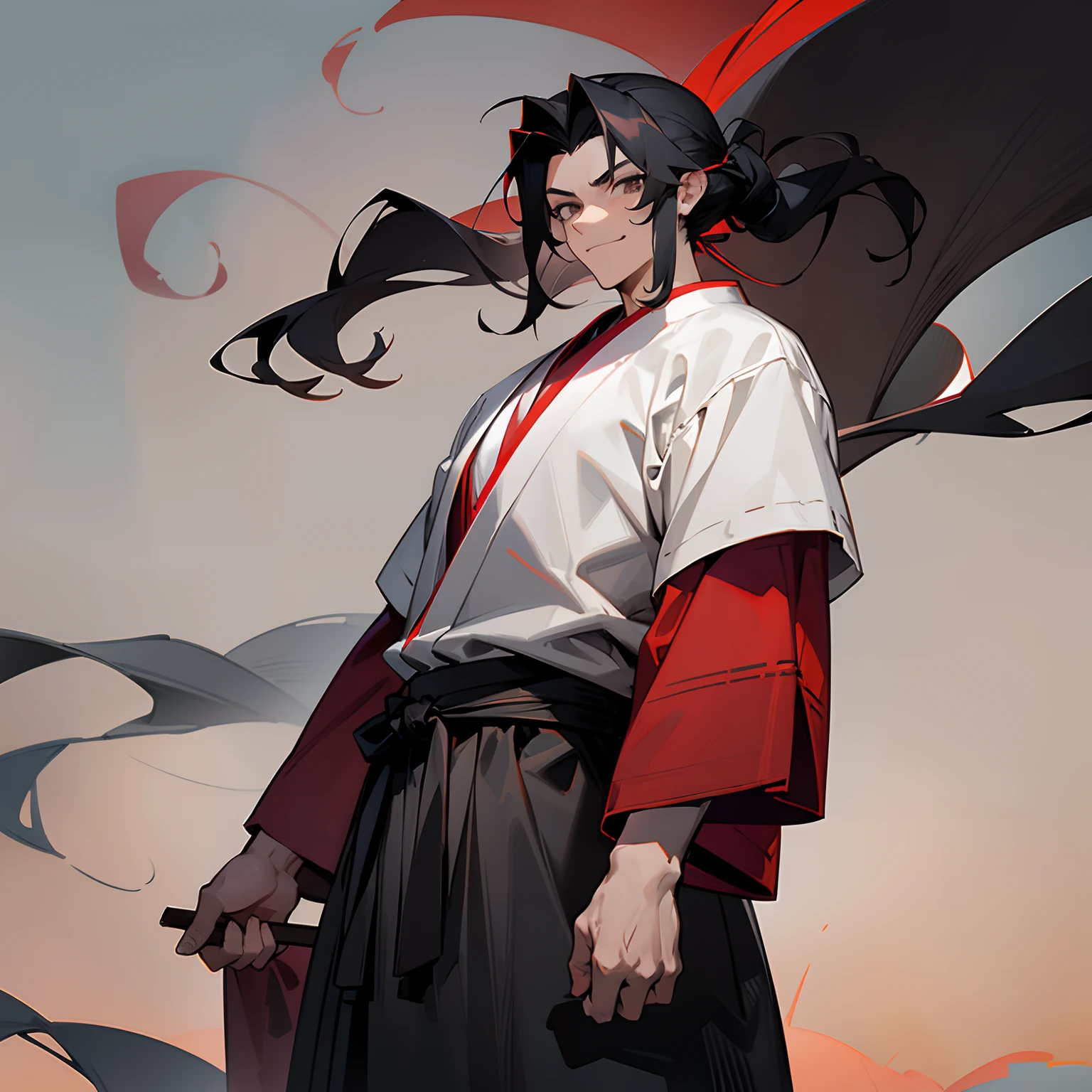 Black hair , silver eyes , medium length wild hair pulled back , red and grey haori with short sleeves and a long sleeve shirt underneath reaching to wrists , village background ,muscular  lean build , 1male , adult , standing with hands at sides , sarcastic smiling expression