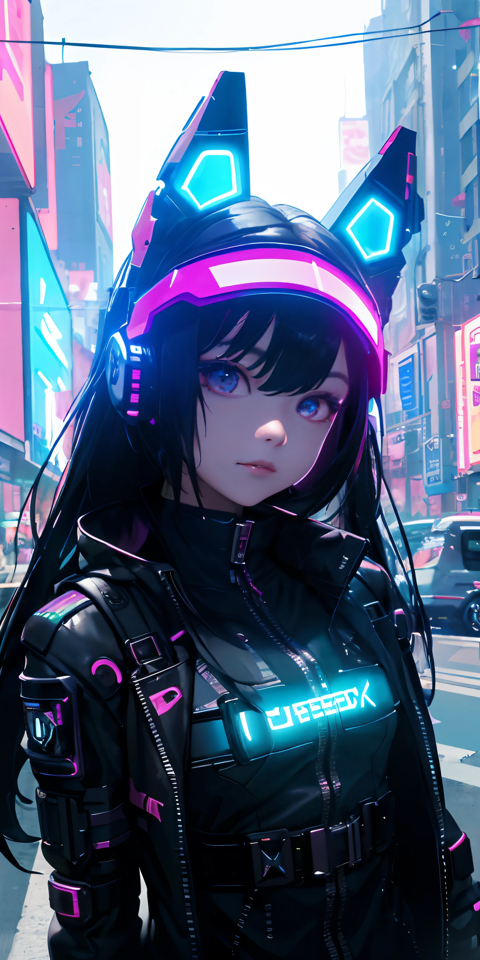 top-quality))、((​masterpiece)、cyberpunked、Electronic visor attached to the face of a -yeld giCyberpunk Fashion、Sexy Posing、Breasts a little bigger、Neon lights in the city at night