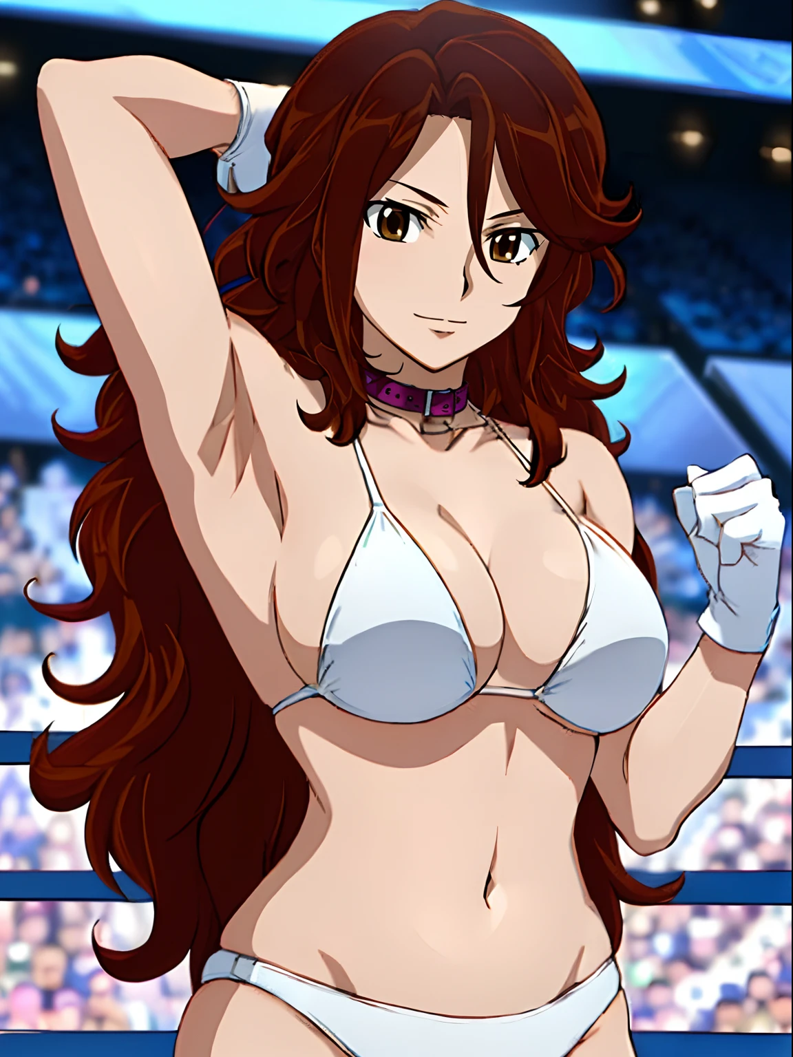 hug, Elegant lady, (upper body only), anime style: 1.8, anime drawing, ultra detailed face, ultra detailed body, 4k, Sumergai Lee Noriega, (standing), best quality, anime style, hires, highest definition, digital blending, bold drawing lines, ((wwe diva), (location: wrestling arena, crowds watching), ( slim body, (little biceps), , off-shoulders, closed fists, (curvy: 2.8)), ((white bikini, only, white gloves, collar, armpit protector)), victorious, winner, gentle, (pale skin, shiny skin, very big breasts, smile), (big eyes, brown eyes), (clapping), (brown hair, loose hair, curly hair, wavy hair, long hair, missy hair), 27 years old,