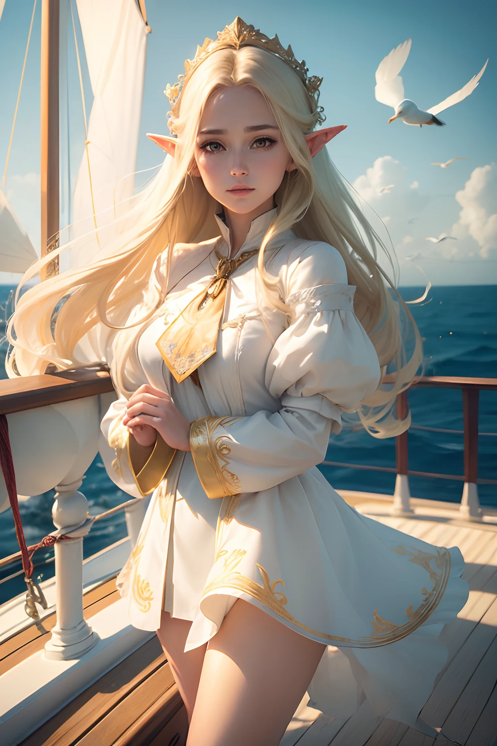 (((Masterpiece, highest quality, high definition, high detail)))), ((((Fantasy))), one, (Elf woman)))), (short skirt of white with gold embroidery), (blonde long straight hair), (glossy dark green eyes), (white ruffled blouse embroidered with gold), big, (((on the deck of a sailing ship at sea)), (vast sea))), (The firmament with clouds visible)), (( Seagulls flying in the sky)), smile, (breeze), particles of light flying