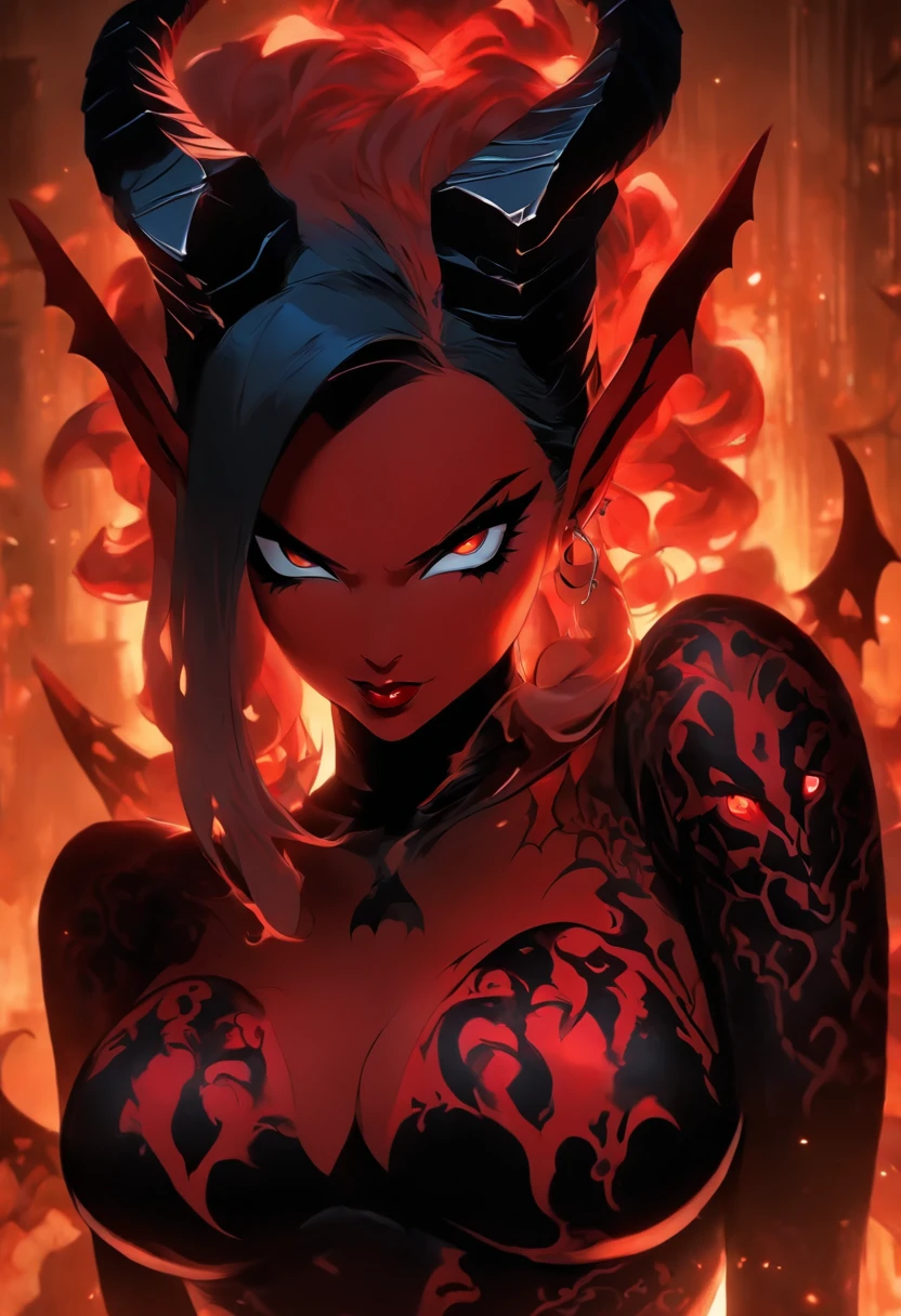 (best quality,4k,8k,highres,masterpiece:1.2),ultra-detailed,(realistic,photorealistic,photo-realistic:1.37),hot thicc succubus mama with long black hair, intense black lips, wearing a revealing black leather outfit adorned with BDSM elements. Her attire consists of a seductive bustier, accentuating her voluptuous figure. Her skin is a captivating shade of fiery red, exuding a demonic allure. Elegantly sprouting from her back are a pair of majestic demon wings, exquisitely detailed with intricate patterns. Atop her head, she possesses mesmerizing tiefling horns, exemplifying her otherworldly presence. The artwork should capture her enticing aura, showcasing her confidence and power. The light in the scene should emphasize the seductive curves of her body, casting dramatic shadows and highlights. The color palette should evoke a sense of darkness and desire, with rich contrasting tones of black, red, and deep maroons.