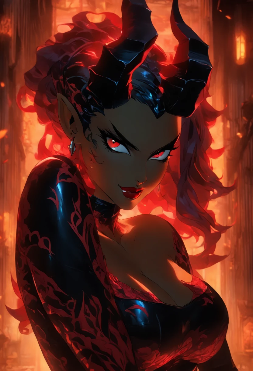 (best quality,4k,8k,highres,masterpiece:1.2),ultra-detailed,(realistic,photorealistic,photo-realistic:1.37),hot thicc succubus mama with long black hair, intense black lips, wearing a revealing black leather outfit adorned with BDSM elements. Her attire consists of a seductive bustier, accentuating her voluptuous figure. Her skin is a captivating shade of fiery red, exuding a demonic allure. Elegantly sprouting from her back are a pair of majestic demon wings, exquisitely detailed with intricate patterns. Atop her head, she possesses mesmerizing tiefling horns, exemplifying her otherworldly presence. The artwork should capture her enticing aura, showcasing her confidence and power. The light in the scene should emphasize the seductive curves of her body, casting dramatic shadows and highlights. The color palette should evoke a sense of darkness and desire, with rich contrasting tones of black, red, and deep maroons.