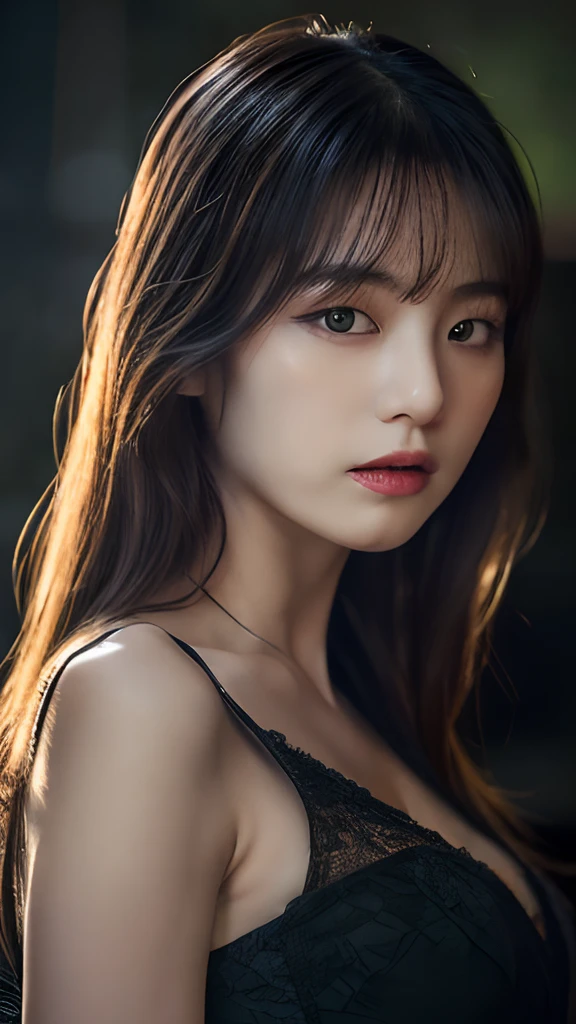 (Erotic_face), 1girl, solo picture, kim tae-ri, ((pretty korean face)), body, dark (lace dress), (8k HD extremely realistic detailed:1.5 (soft scene, very low lightning), detailed beautiful reflection pupils, masterpiece:1.3, ultra highres:1.2, dynamic lighting)