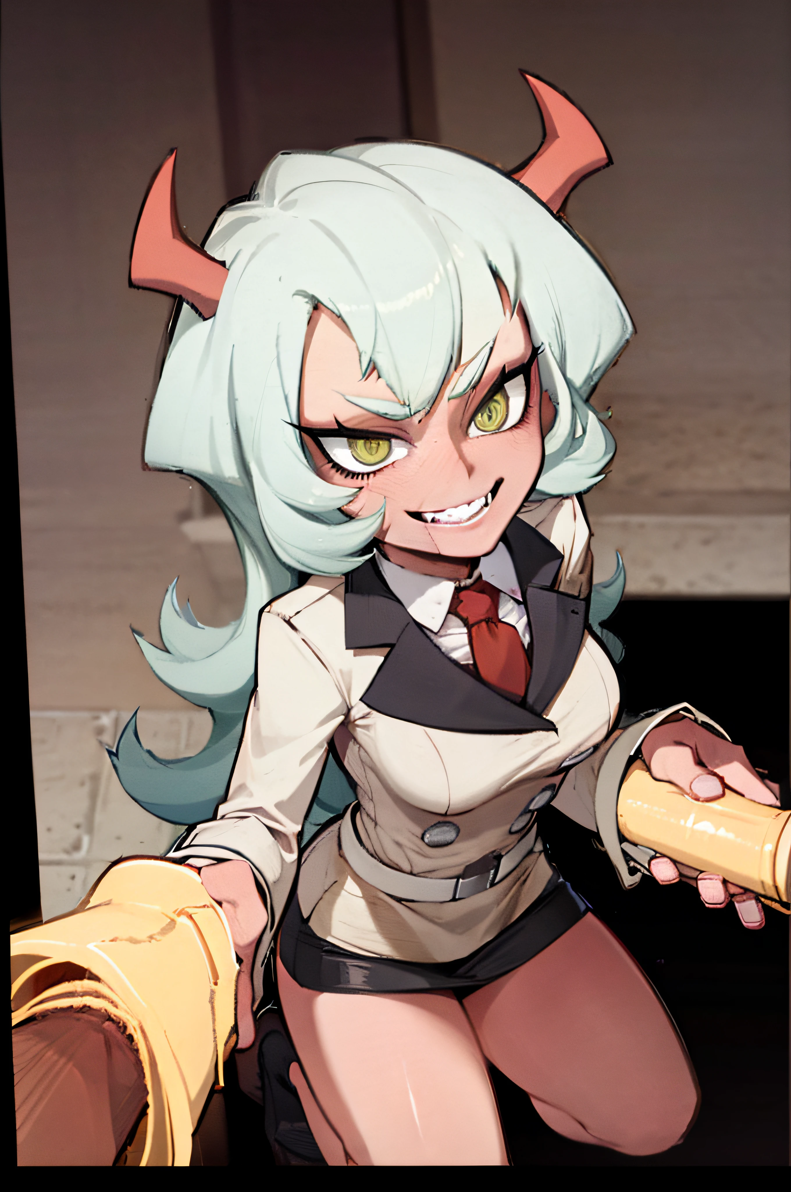 (masterpiece, best quality:1.2), solo, 1girl, psgscanty, red skin, evil smile, looking at viewer, kneeling horns, v-shaped eyebrows, jacket, red necktie, skirt, skirt suit, blowjob, 1girl, hetero, penis, solo focus, oral, testicles, fellatio, multiple boys, blowbang