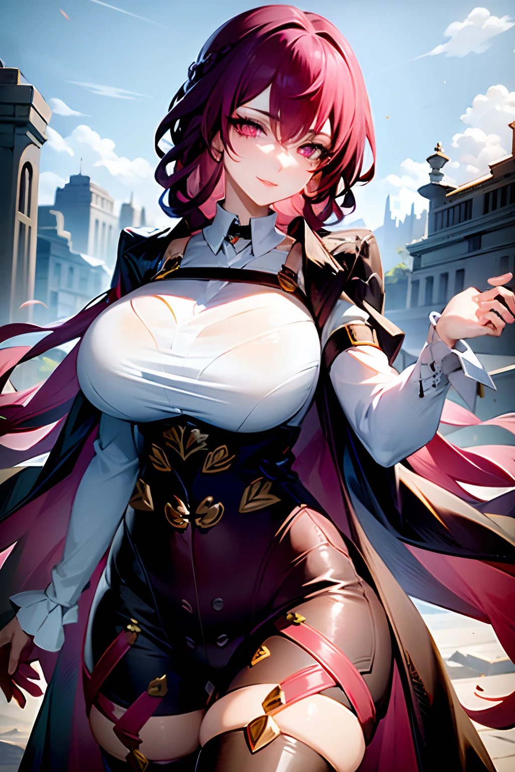 (Masterpiece:1.2), (best quality:1.2), perfect eyes, perfect face, perfect lighting, 1girl, mature woman on a battlefield, absurdly long red hair, crown braid, war_glam, armor, leather skirt, scars, fantasy, detailed background