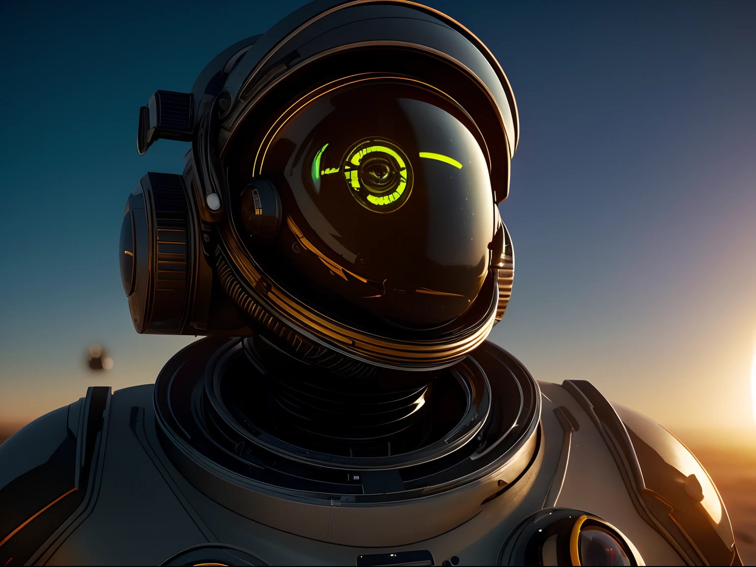 (masterpiece) A cyborg astronaut with luminous eyes stands tall in an alien desert, gazing towards the horizon as the sun sets behind. Close-up of their determined expression, octane render, unreal engine 5, cinematic