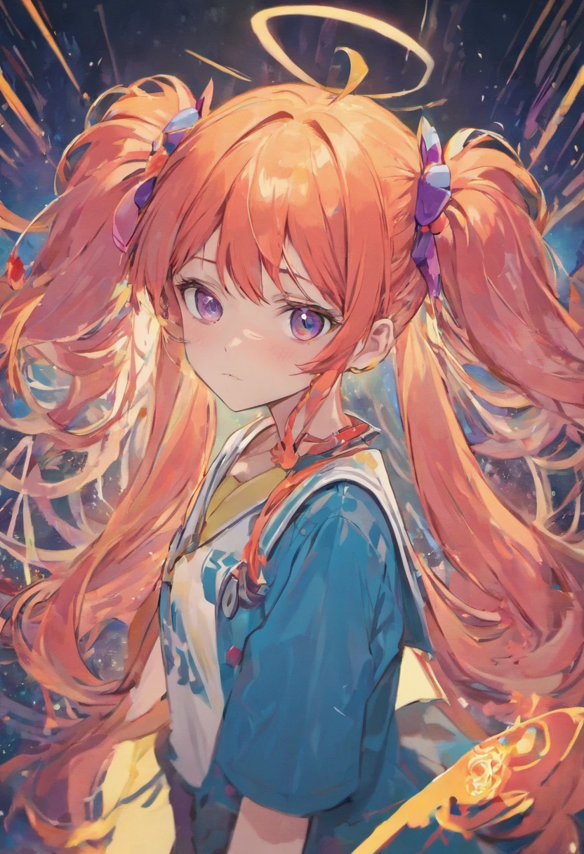 an anime 9th grader with uniquely colored hair, long pigtails, and cute accessories in her hair
