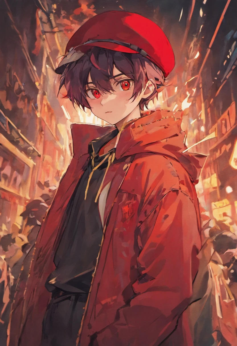 Realistic drawing of a boy in a red hat with red eyes, Cigarette in Your Teeth, Smoke, wide pants
