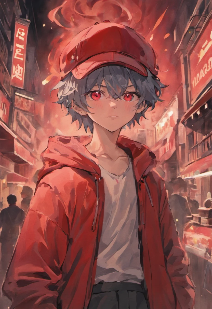 Realistic drawing of a boy in a red hat with red eyes, Cigarette in Your Teeth, Smoke, wide pants