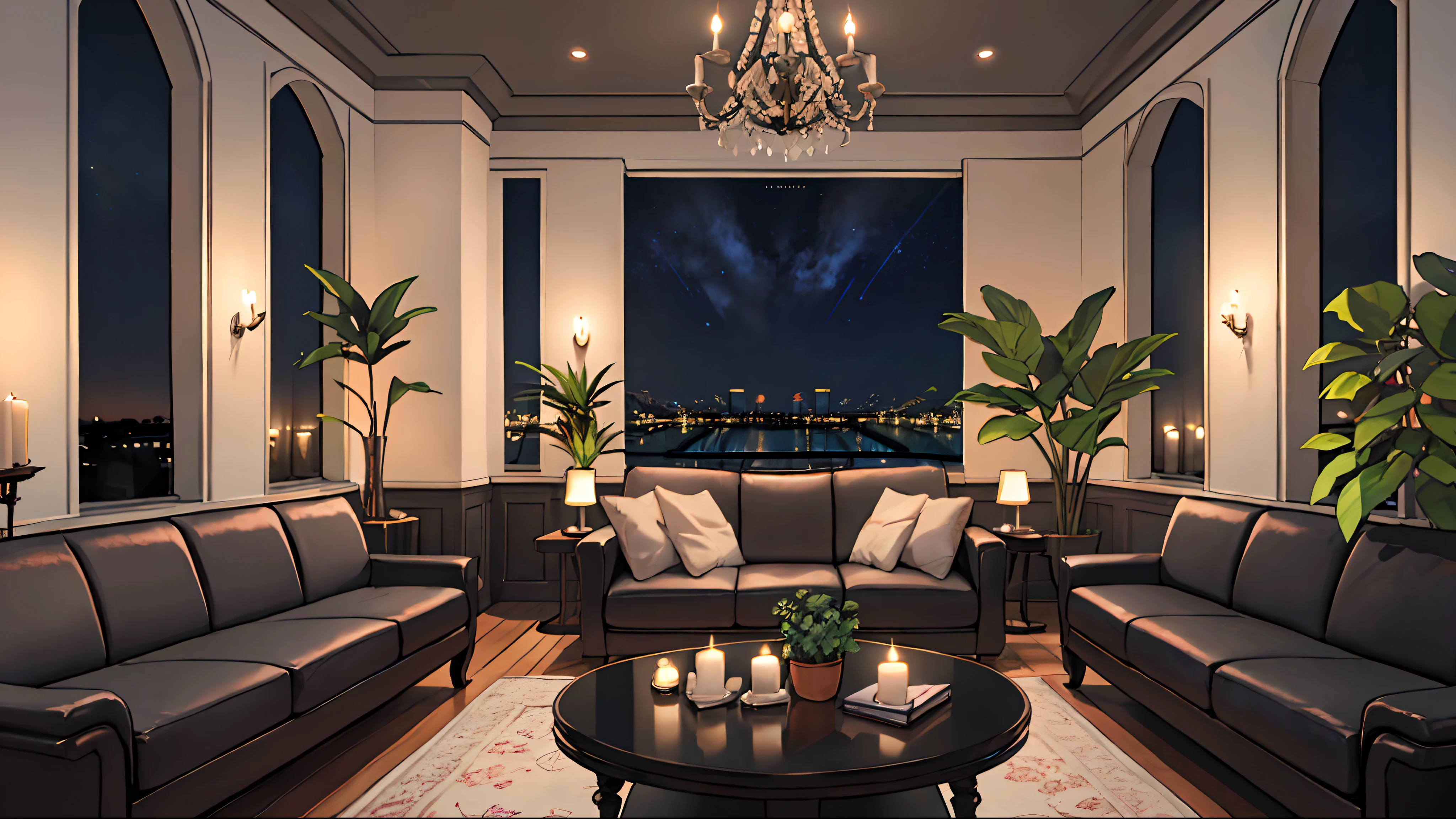 Exclusive, Luxury interior design, Night Club, Cozy ambience, piano, plants, wall art, relaxing candle light, photo realistic, 8k, HQ, details, Epic Sky view large windows