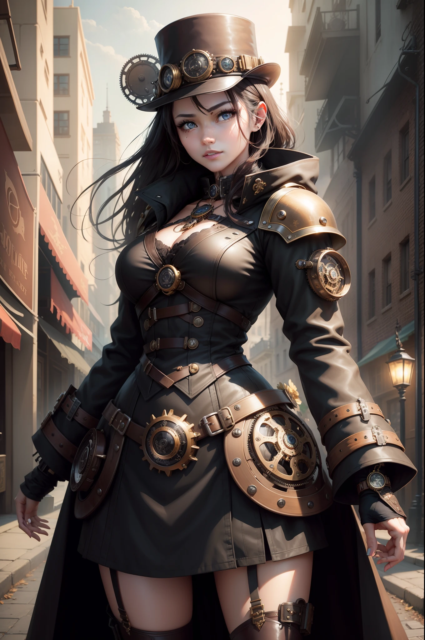 Beautiful eyes woman in steampunk style、Black coat、Gear and watch decoration、Functional equipment、Equipped with a large mechanical shield、Steampunk-style city、Heavy equipment、