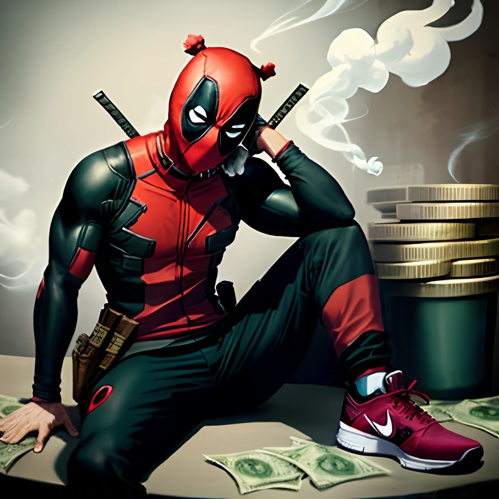 Deadpool wearing Nike sweatsuit smoking weed counting money