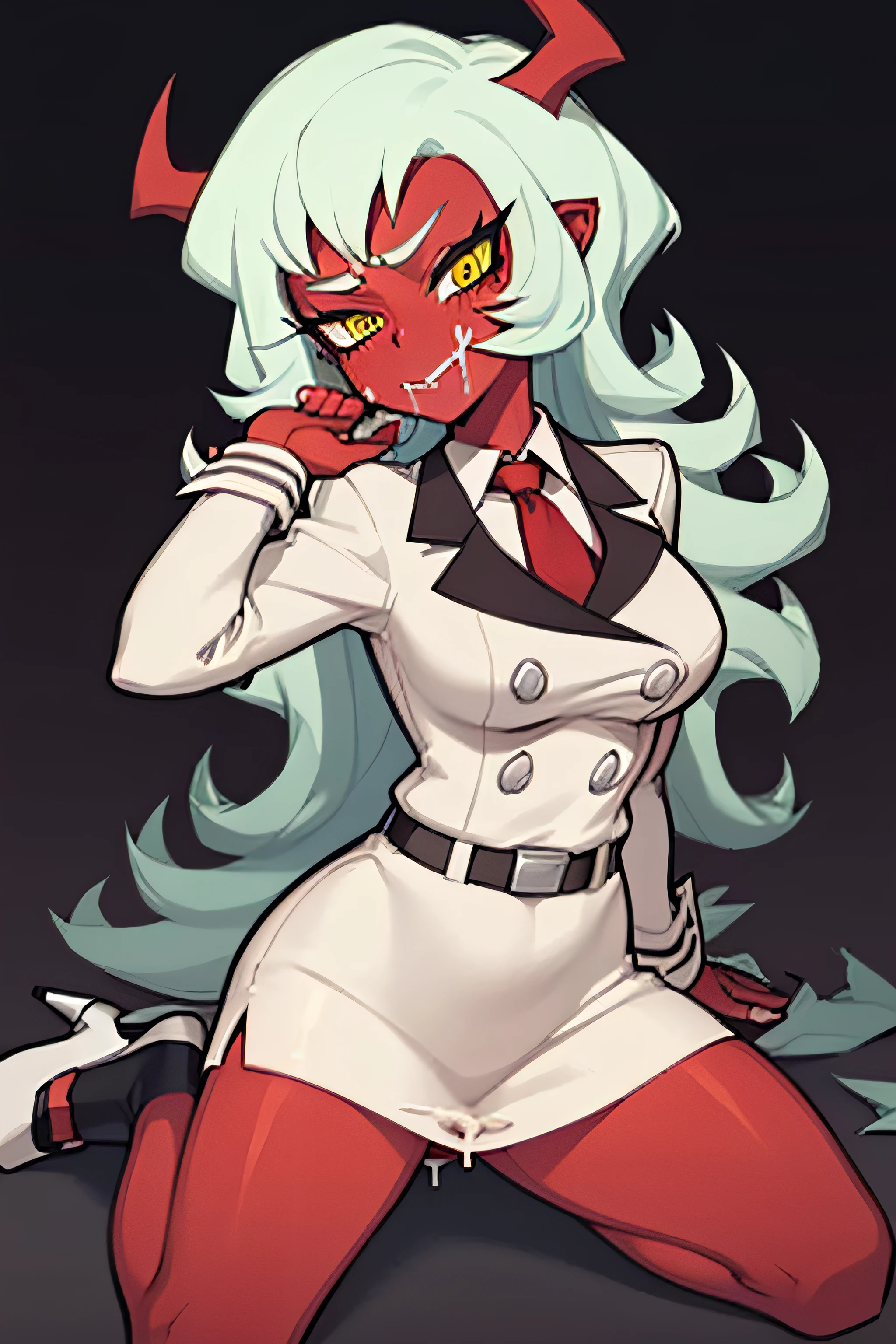 (masterpiece, best quality:1.2), solo, 1girl, psgscanty, (((red skin))), evil smile, looking at viewer, standing, confidence, arrogant, horns, v-shaped eyebrows, jacket, red necktie, skirt, skirt suit, kneeling, (((bukkake))), (((cum on face))), facial, running makeup , cum covered face, aroused, servicing male, holding , sticky, blushing , aroused, covered in cum, messy, multiple men, high heels, pleasure face, touching face, hand on face