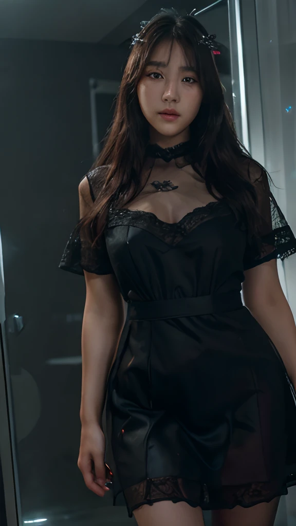(Erotic_face), 1girl, full body, kim tae-ri, ((pretty korean young face)), dark (lace dress), (8k HD extremely realistic detailed face:1.5 (soft scene, very low lightning), detailed beautiful reflection pupils, masterpiece:1.3, ultra highres:1.2, dynamic lighting)