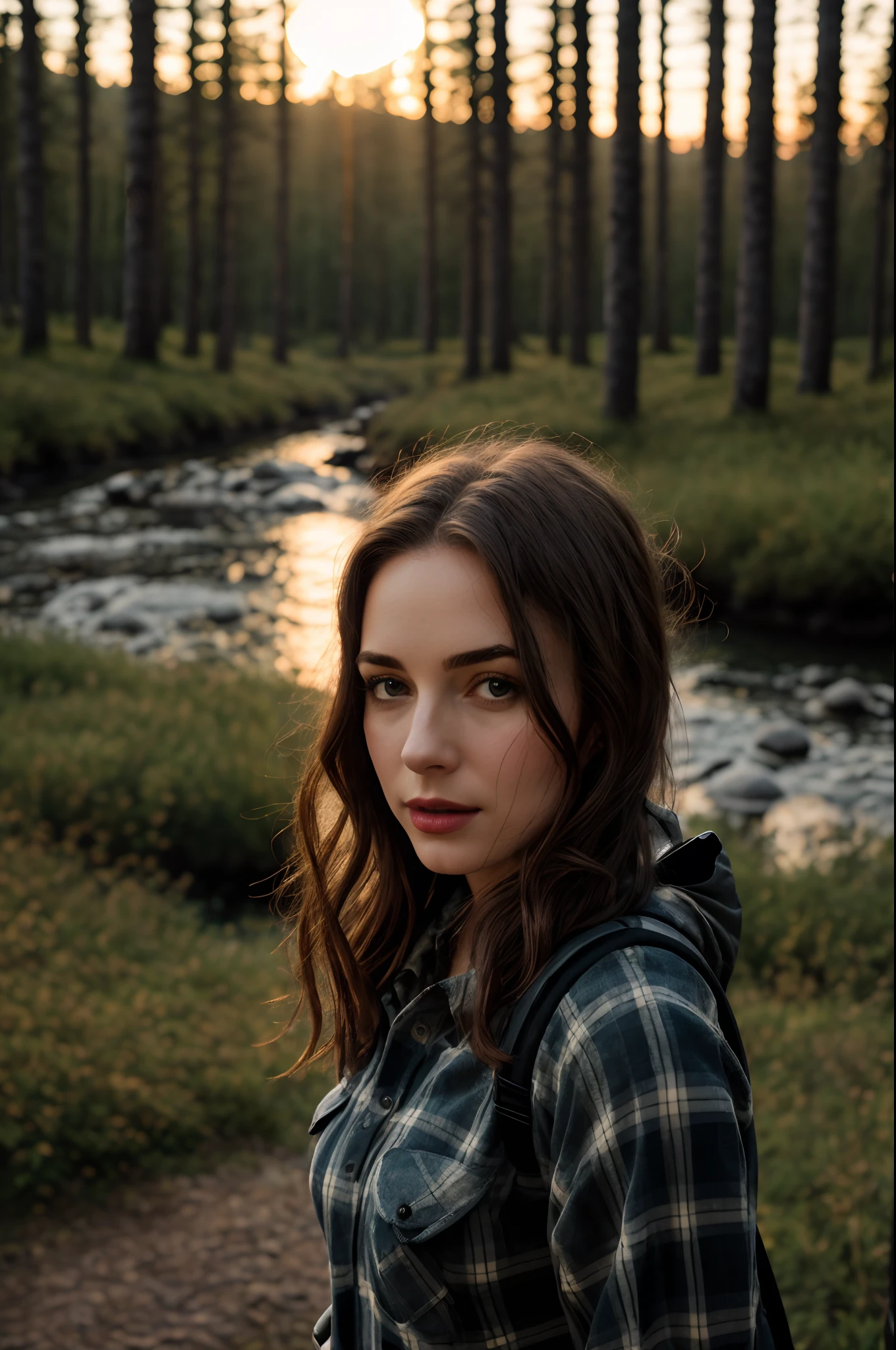 1 woman ((upper body selfie, happy)), masterpiece, best quality, solo, outdoor, (night), mountains, nature, (stars, moon) cheerful, happy, backpack, sleeping bag, camping stove, water bottle, country boot, country hat, black plaid shirt long sleeve open, lantern, forest, rocks, river, wood, smoke, shadows, contrast, clear sky, style, (warm hue, warm tone: 1.2), close-up, cinematic light, side lighting, ultra high resolution, best shadow, RAW, upper body, wearing lingerie, seductive look, medium breasts, 4k, open neckline, sexy, black lipstick