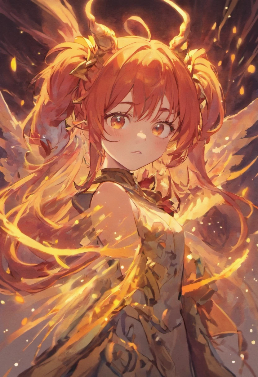 a with dragon horns and red hair, 4 ponytails that poof out, with orange and yellow streaks