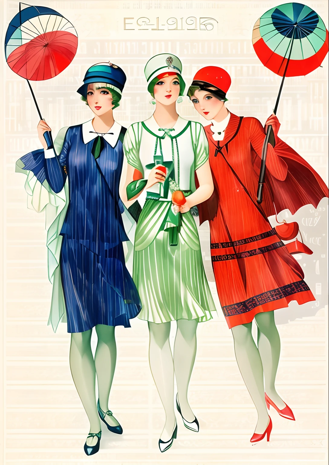 There are three women in dresses and hats holding umbrellas, Dicas de Coles Phillips, 1 9 2 0 s estilo pano, inspirado em Coles Phillips, 1 9 2 0 estilo pano, 1 9 2 0 s moda, Estilo dos anos 1920, 1 9 2 0 s estilo, 1 9 2 0 s roupa, Estilo Leyendecker, Roupas vermelhas e azuis