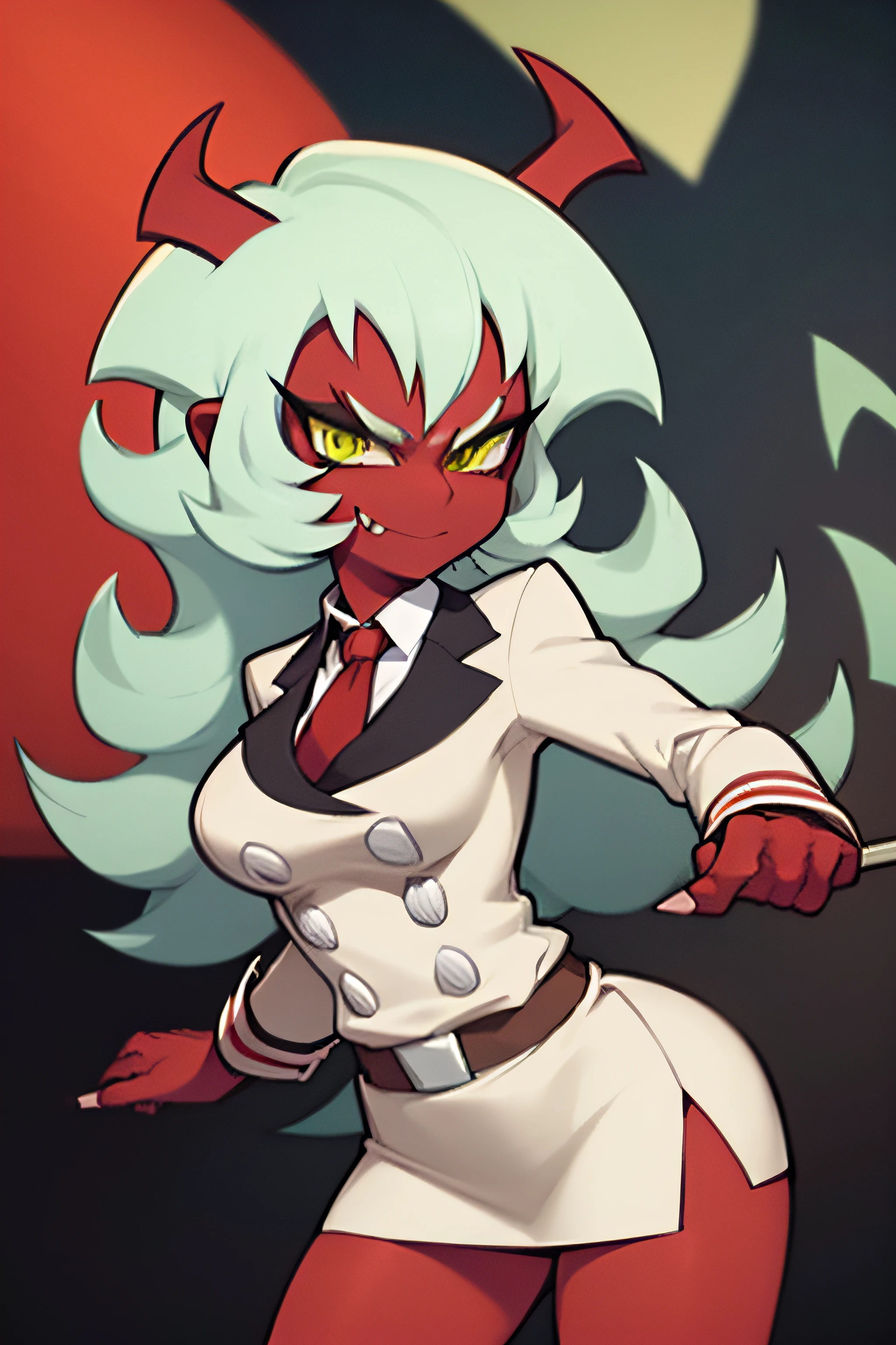 (masterpiece, best quality:1.2), solo, 1girl, psgscanty, (((red skin))), evil smile, looking at viewer, standing, confidence, arrogant, horns, v-shaped eyebrows, jacket, red necktie, skirt, skirt suit, belt, wide stance, dynamic pose