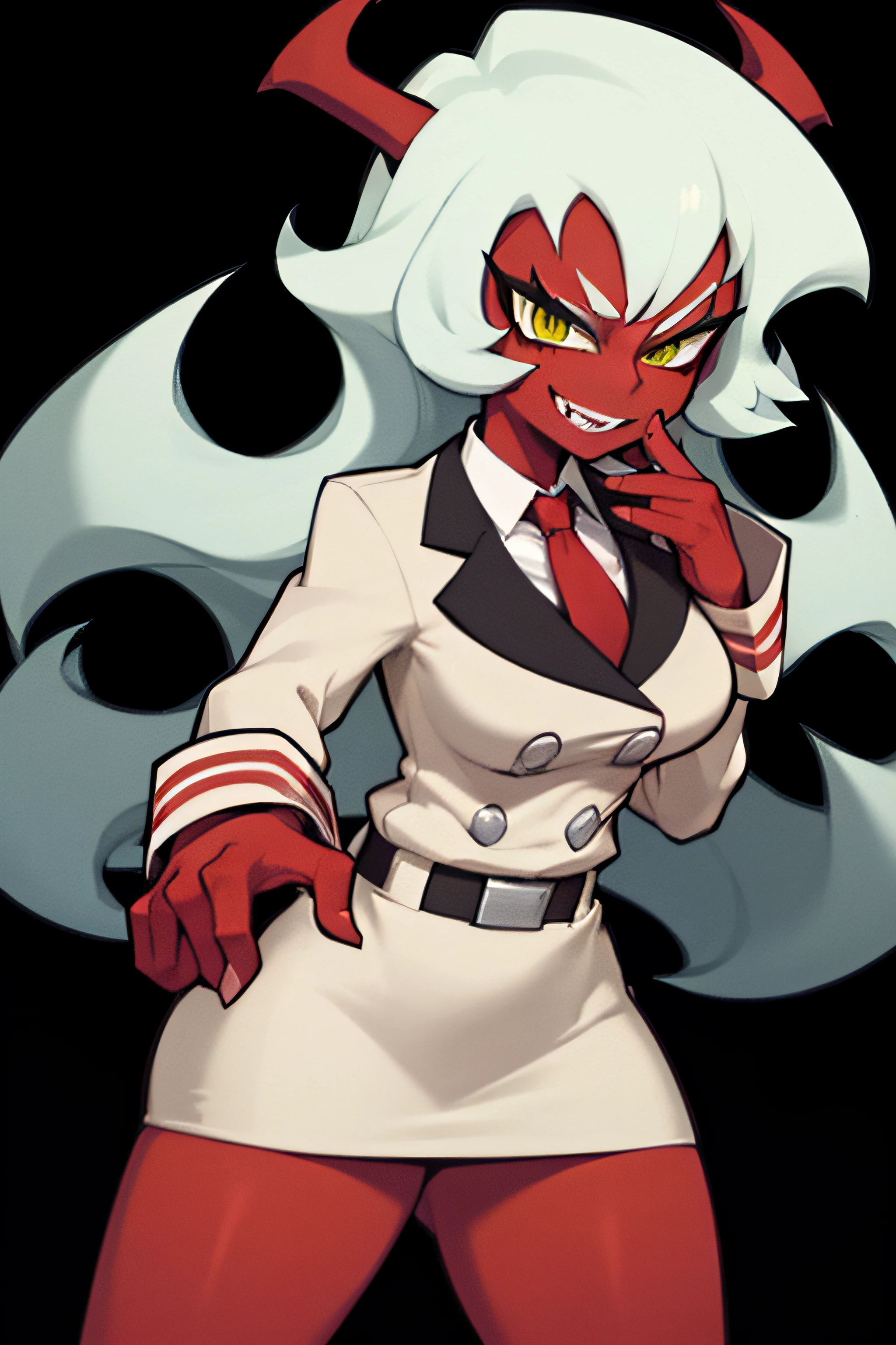 (masterpiece, best quality:1.2), solo, 1girl, psgscanty, (((red skin))), evil smile, looking at viewer, standing, confidence, arrogant, horns, v-shaped eyebrows, jacket, red necktie, skirt, skirt suit, belt, wide stance, dynamic pose