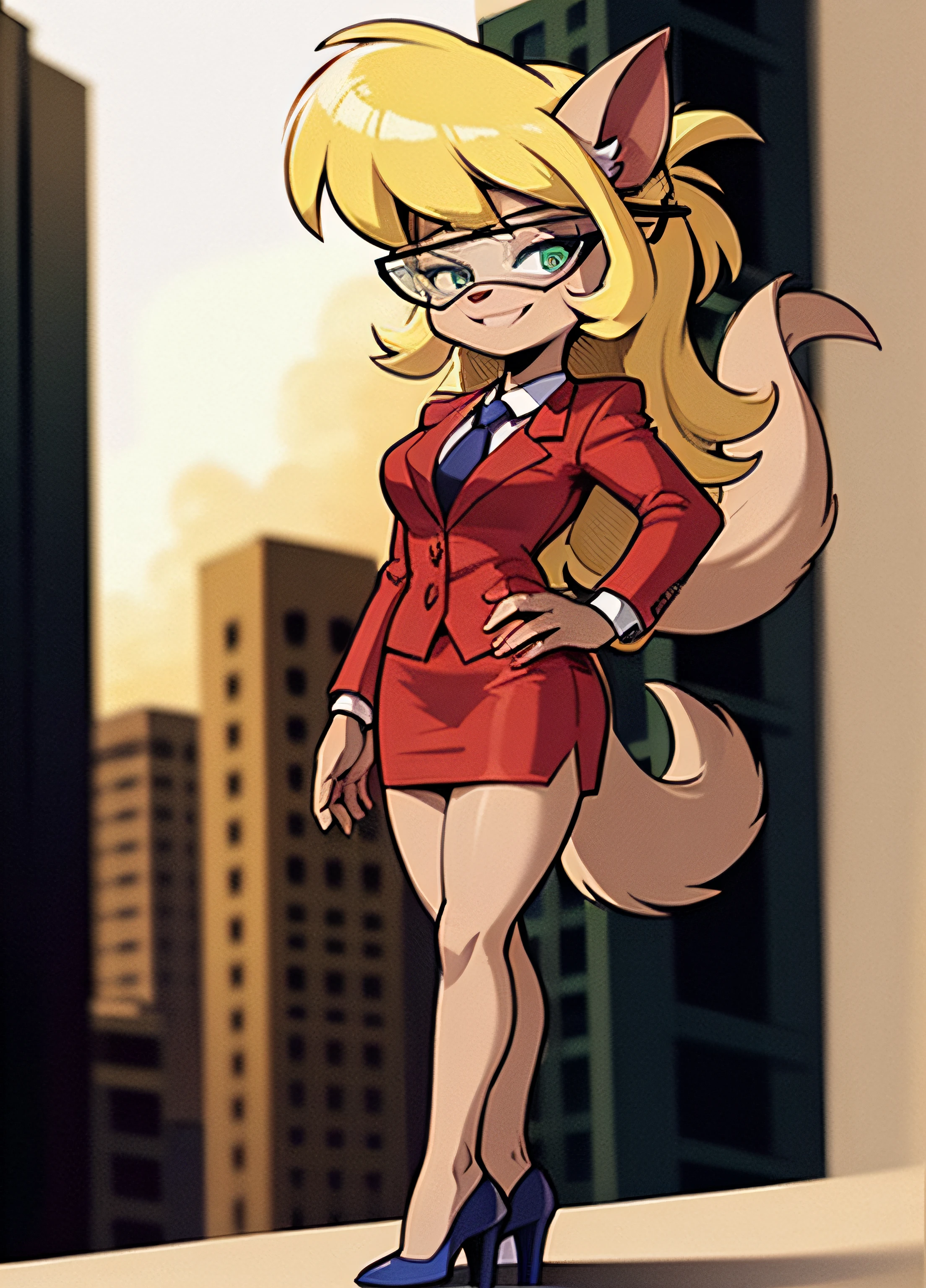 calliebriggs, furry female anthro, cat girl, full body, red skirt suit, necktie, high heels, solo, (body fur:1.2), (best quality), (detailed urban background:1.2), dramatic lighting, (detailed fluffy fur:1.1), looking at viewer,  smile, glasses, tail,