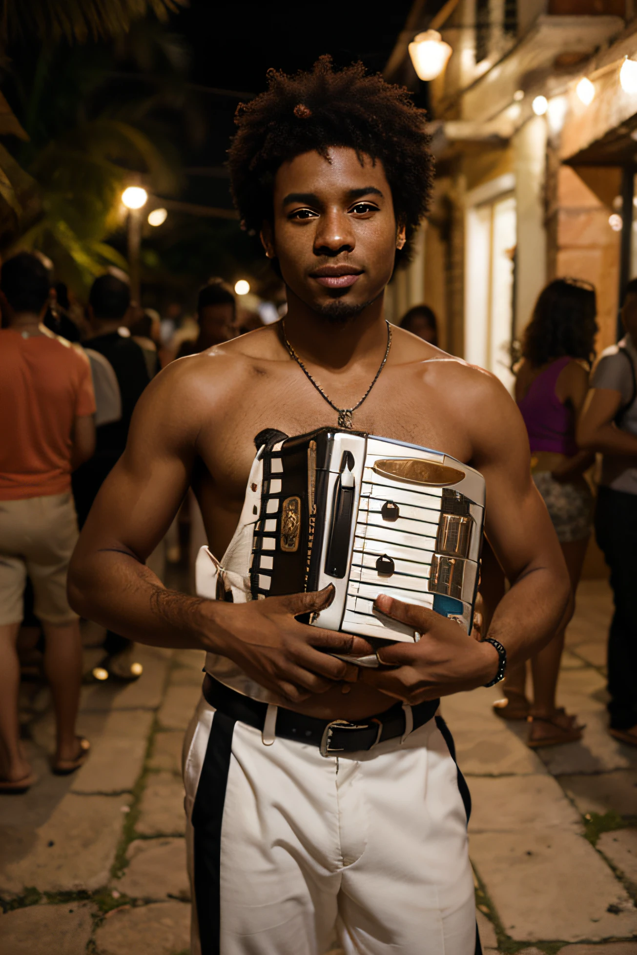 afro colombian male cyber holding accordian at a party on an island