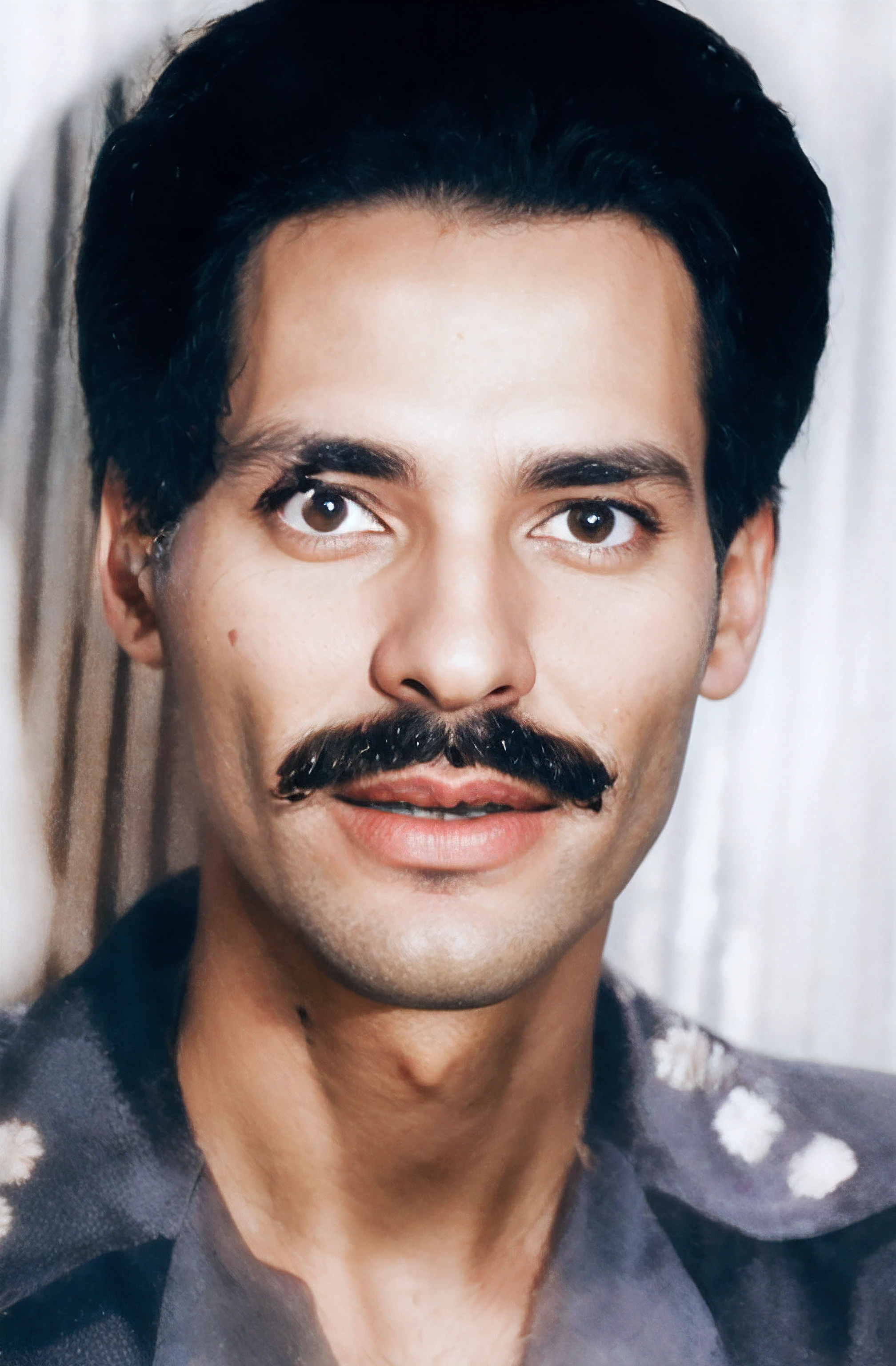 there is a man with a mustache and a moustache on his face, inspirado em Wilhelm Freddie, Freddie Mercúrio, Freddie Mercury sorrindo, Directed by: Wilhelm Freddie, prince, inspirado em Martin Schoeller, Davi, a Capela, Eddie Del Rio, foto de retrato em close-up, brown skin man egyptian prince, Magical Realistic, raw photo, amazing photograph, best quality, 8K, high quality, Ultra detailed, (best quality), (high detailed skin, full sharp:1.2), 8k uhd, dslr, detailed face