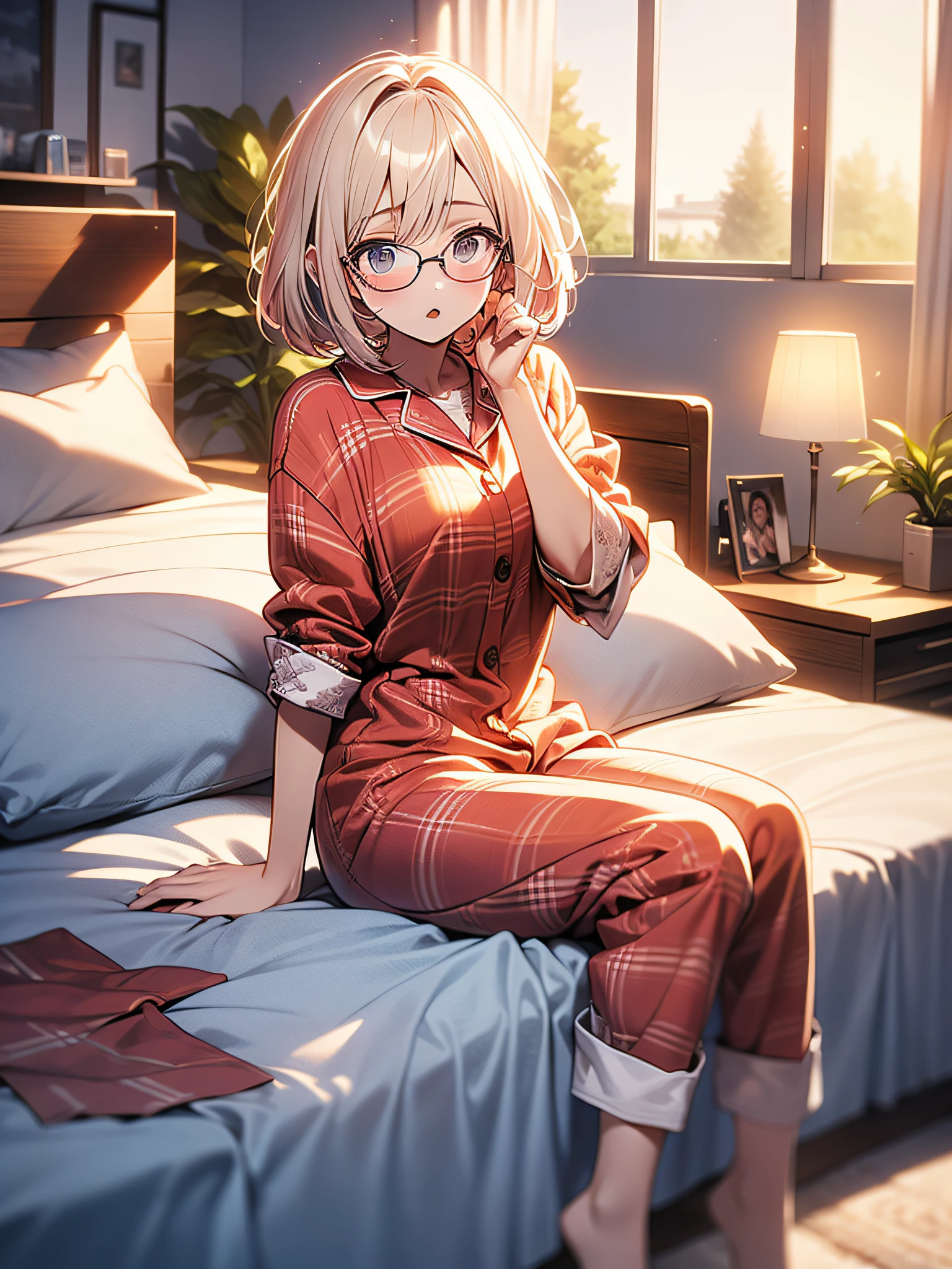 in 8K、top-quality、​masterpiece、ultra-detailliert、Ultra-high resolution、((1 persons))、girl with、a blond、a short bob、Ragged hair、Big round lens glasses、Plaid pajamas、Sit on the bed、sleepy、yawns