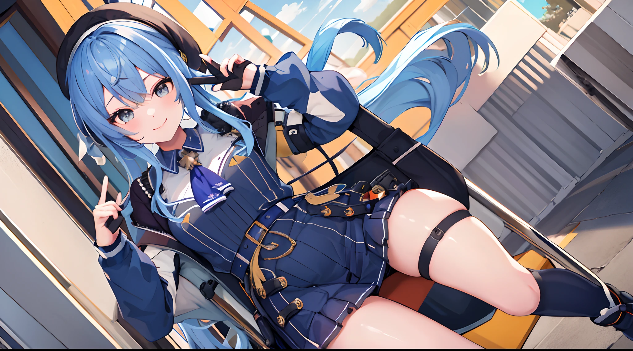 Obra maestra, La mejor calidad, Altas Resoluciones, sui1, 1girl, solamente, Cola de caballo lateral, Hoshimachi Suisei, Guantes sin dedos, single thighhigh, jewely, Individual sock, Correa para el muslo, brazalete, Calcetines azules, botones, A la altura de la rodilla, Vestido a cuadros, gargantilla azul, Blue Belt, falda a cuadros, mini corona, falda gris, Ascot azul, mangas largas, Chaqueta a cuadros, Disparo de vaquero, en el escenario, Clamping microphone, They are smiling,