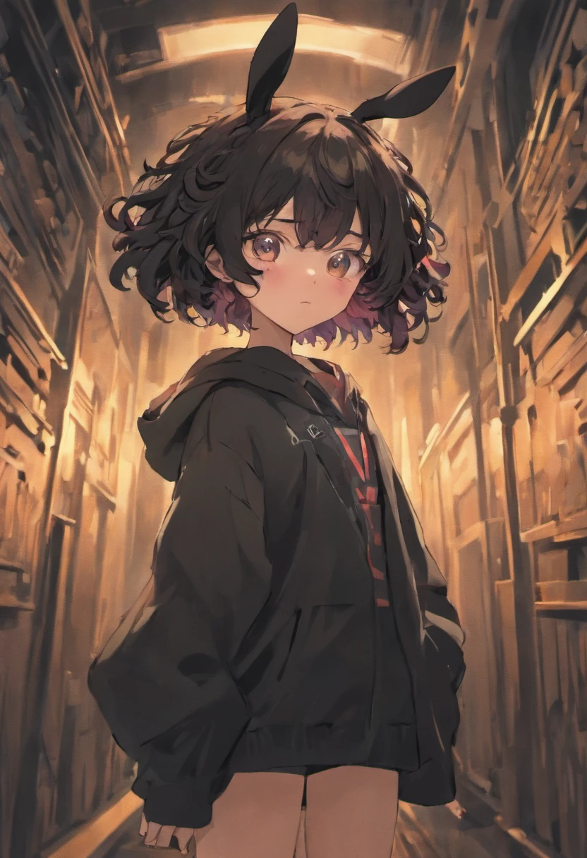 a 9th grade shy girl with short black, curly, poofy hair that wears baggy clothes and wears black bunny ears